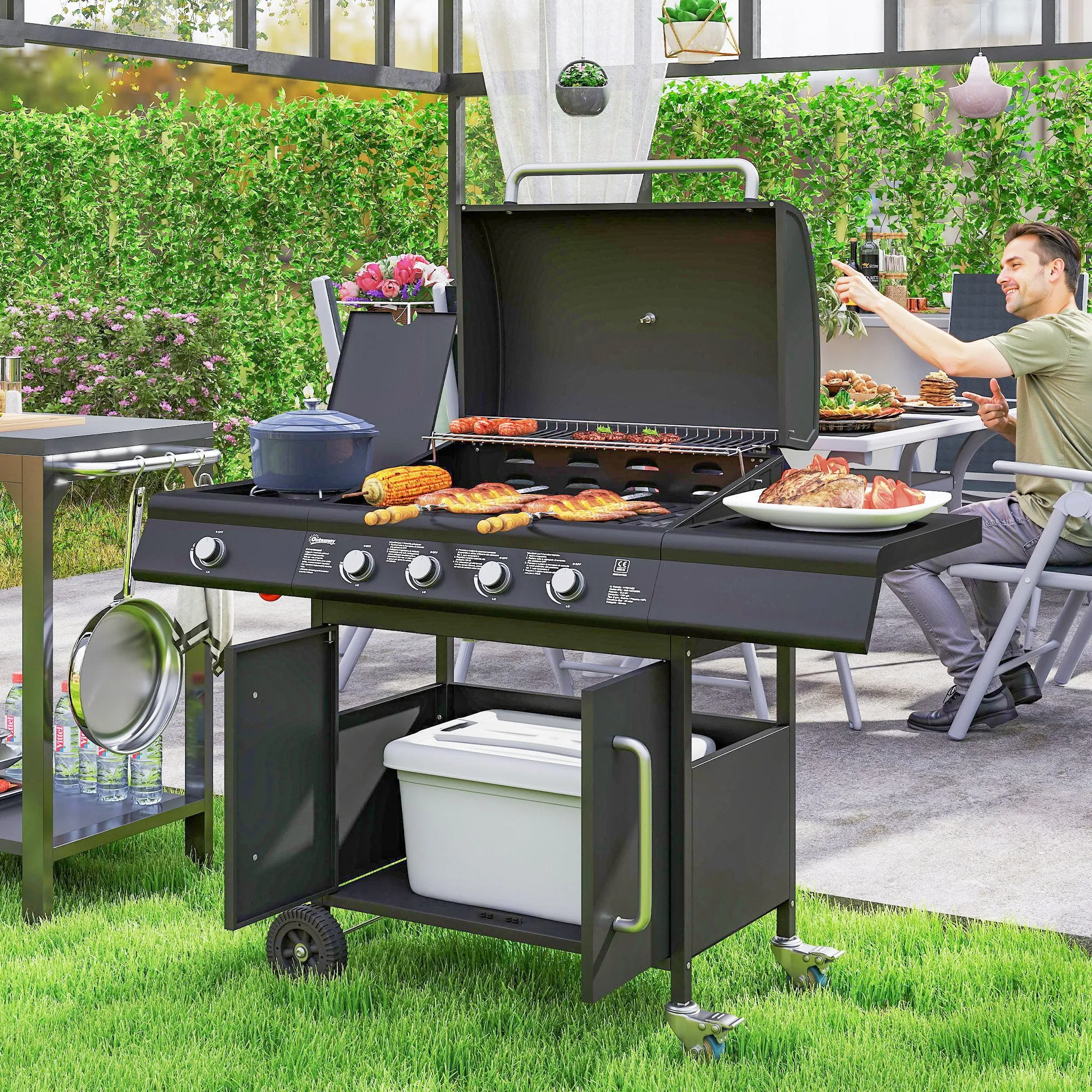 Gas Barbecue with Side Burner, Table and Cabinet, in Steel and PP, 129.5x56x110 cm, Black - Image 2