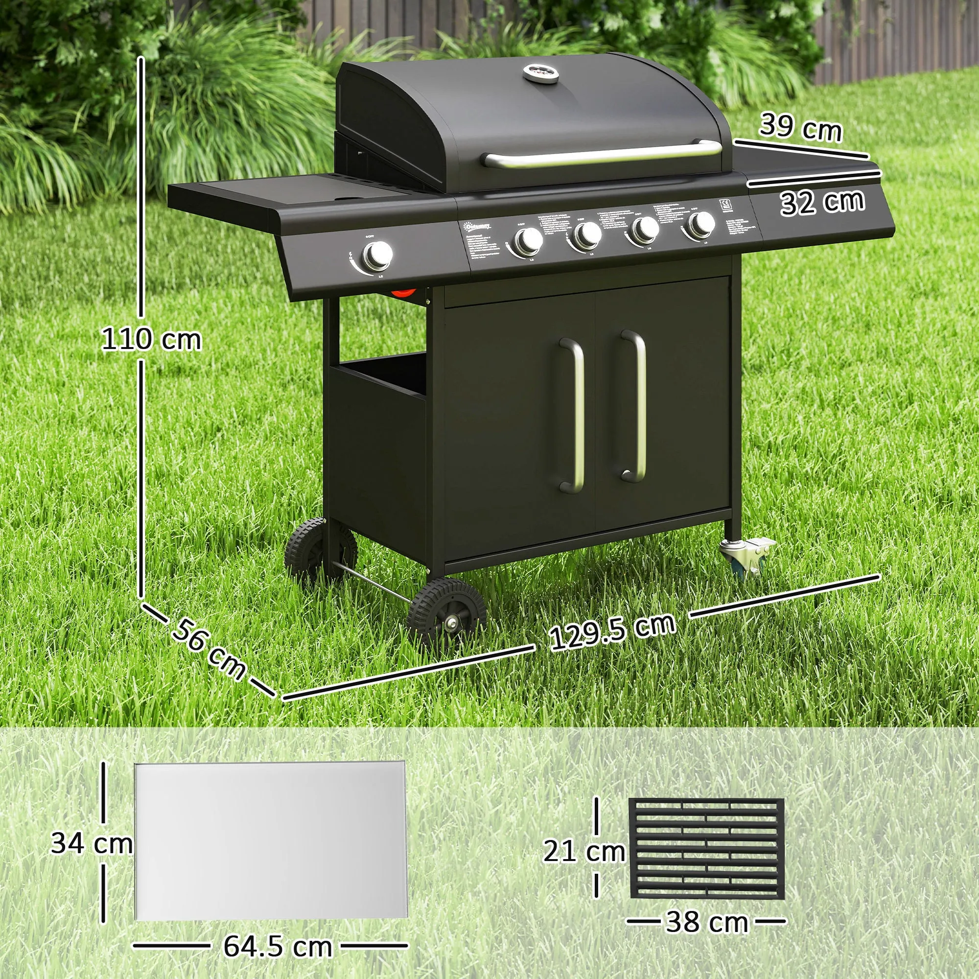 Gas Barbecue with Side Burner, Table and Cabinet, in Steel and PP, 129.5x56x110 cm, Black - Image 3