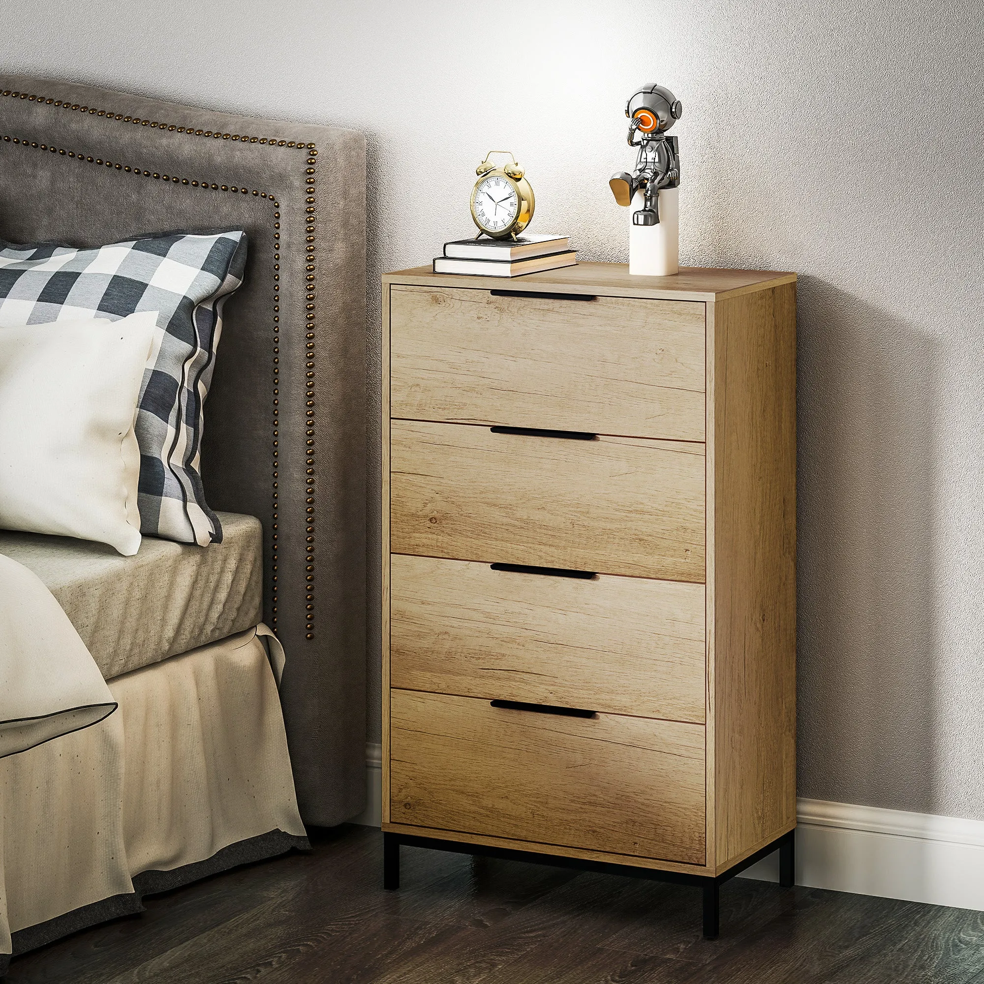 4-Drawer Chest of Drawers Anti-Tip with Black Handles, in Wood and Metal, 62x35x105 cm, Light Brown - Image 2