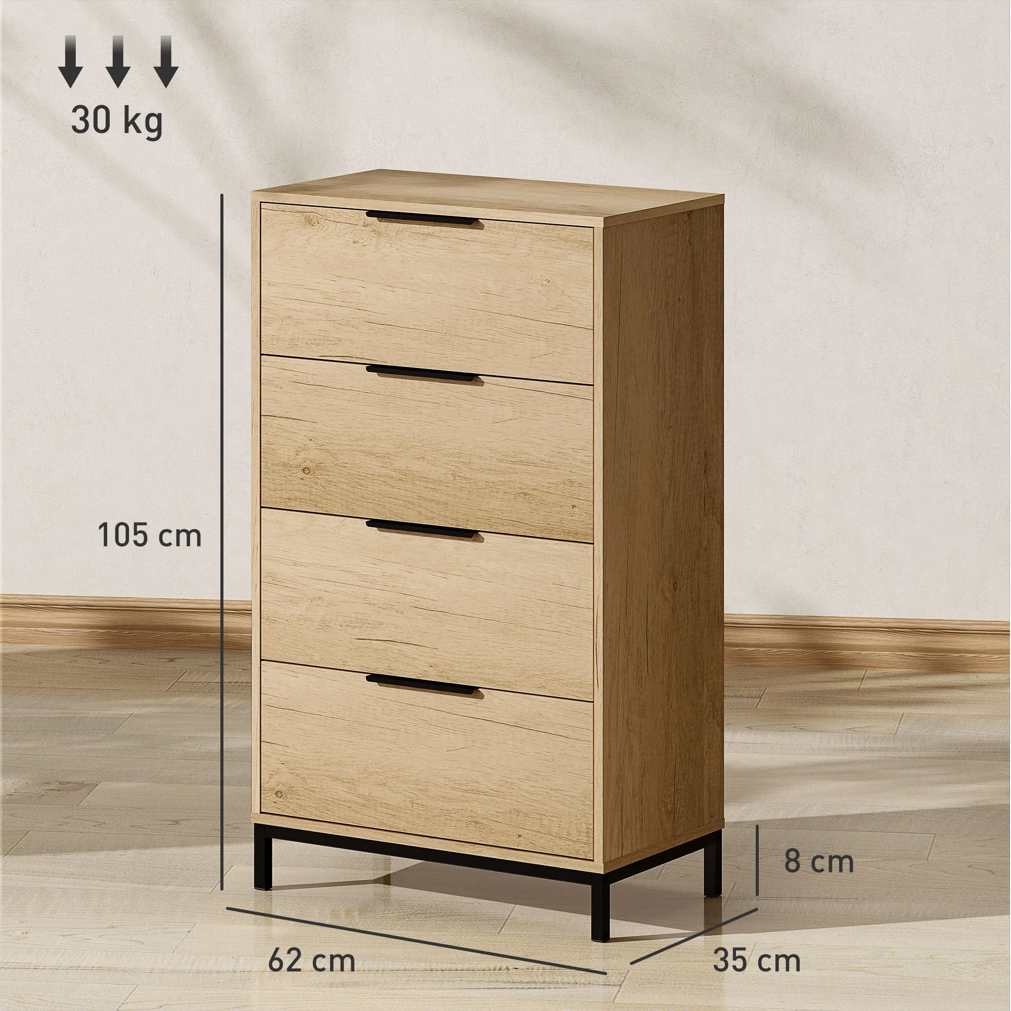 4-Drawer Chest of Drawers Anti-Tip with Black Handles, in Wood and Metal, 62x35x105 cm, Light Brown - Image 3