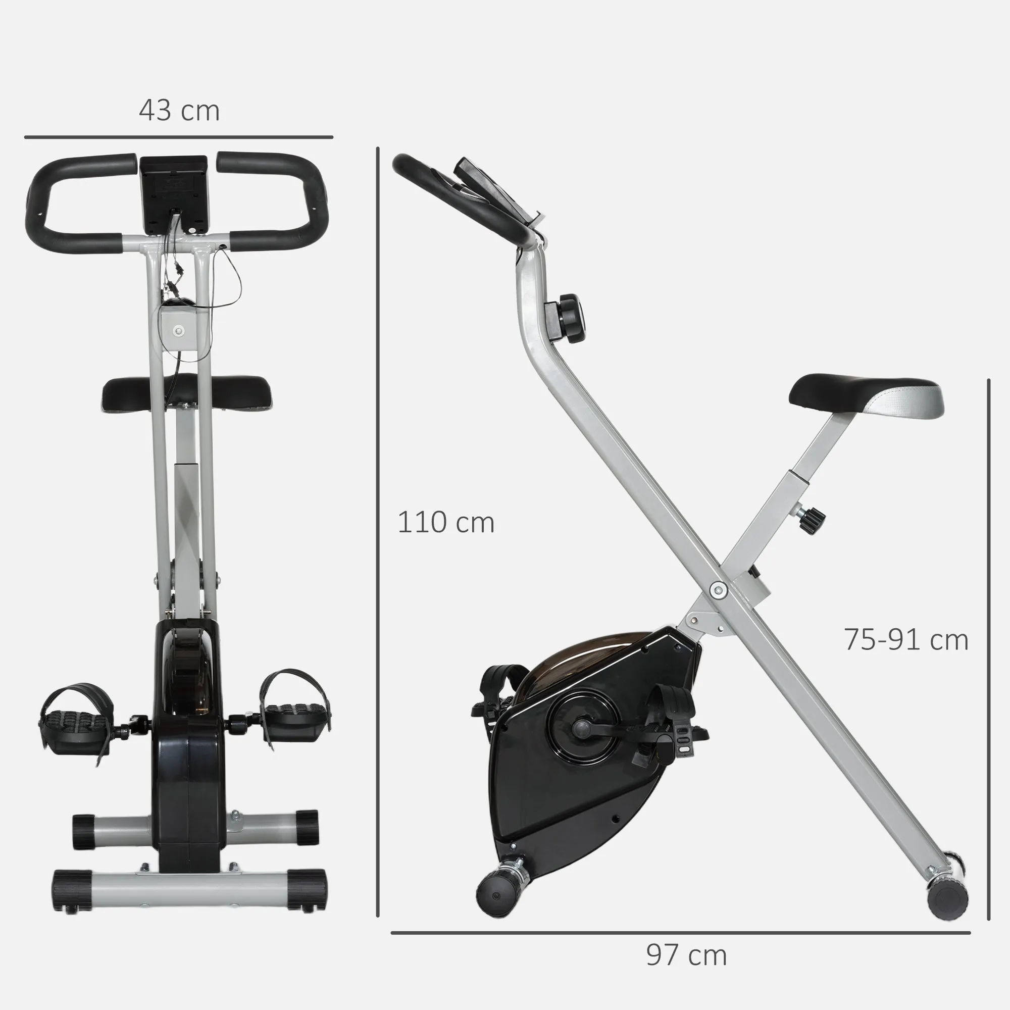 8-Level Magnetic Folding Exercise Bike with LCD Display, Wheels and Adjustable Seat, Grey and Black - Image 3