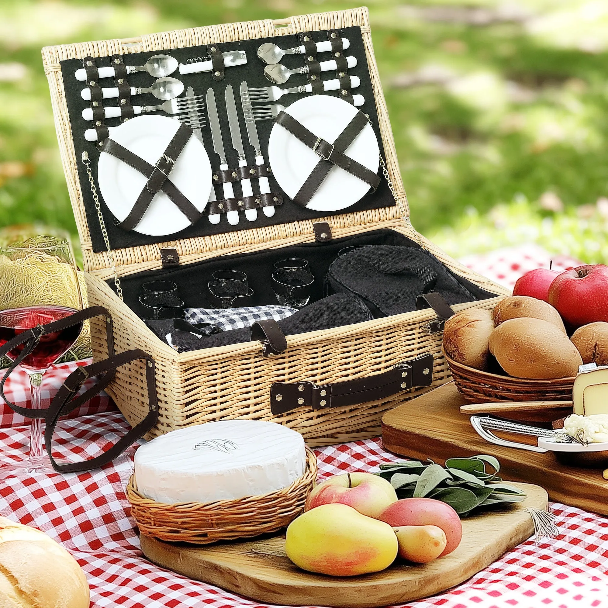 Picnic Basket for 4 People with Fridge Area and Accessories, in Wicker, 54x34x20 cm, Wood Color - Image 2