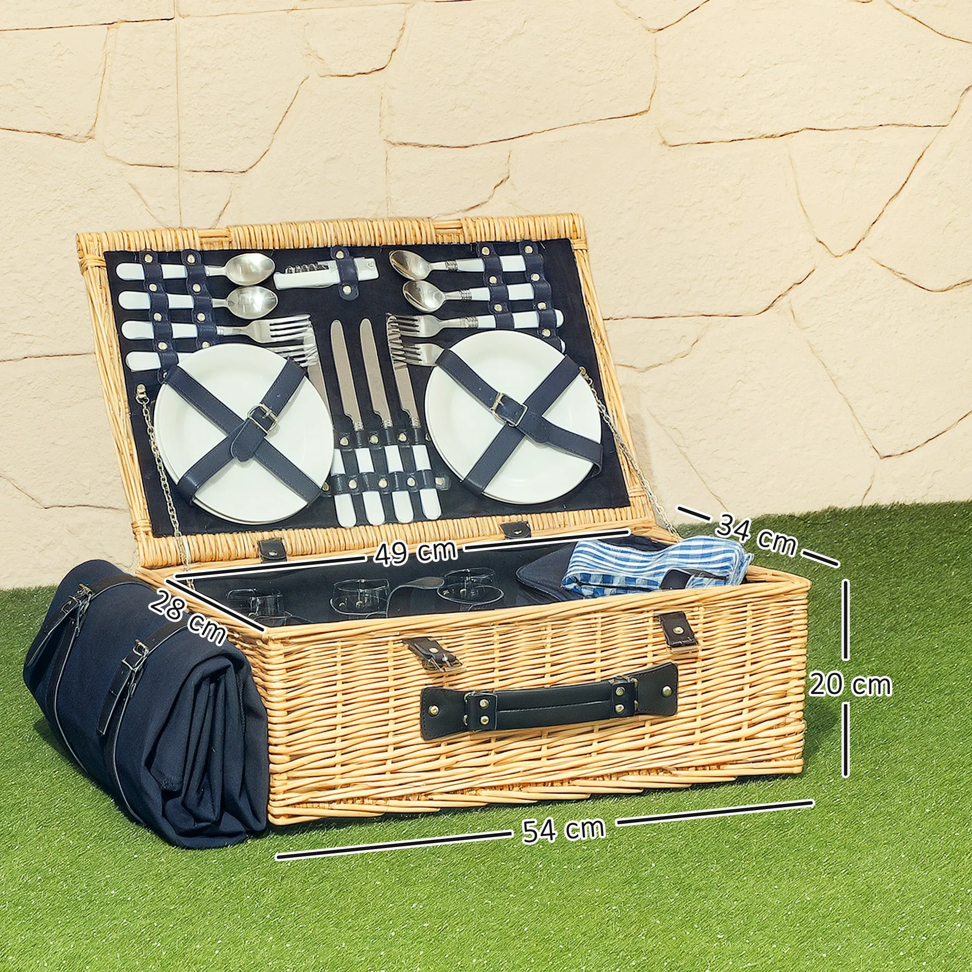 Picnic Basket for 4 People with Fridge Area and Accessories, in Wicker, 54x34x20 cm, Wood Color - Image 3