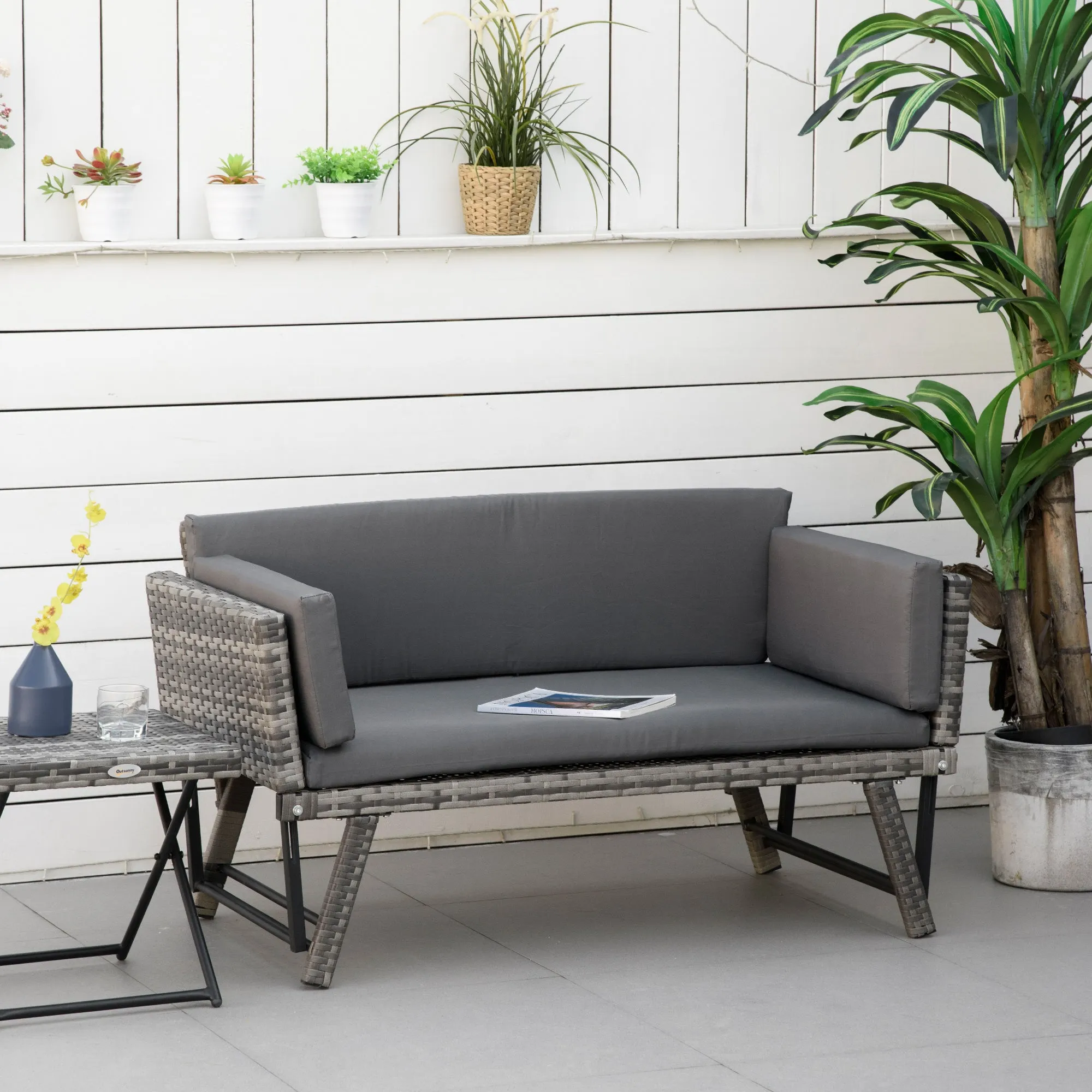 2 Seater Rattan Garden Sofa with Padding and Folding Armrests, 129x63x67cm, Grey - Image 2