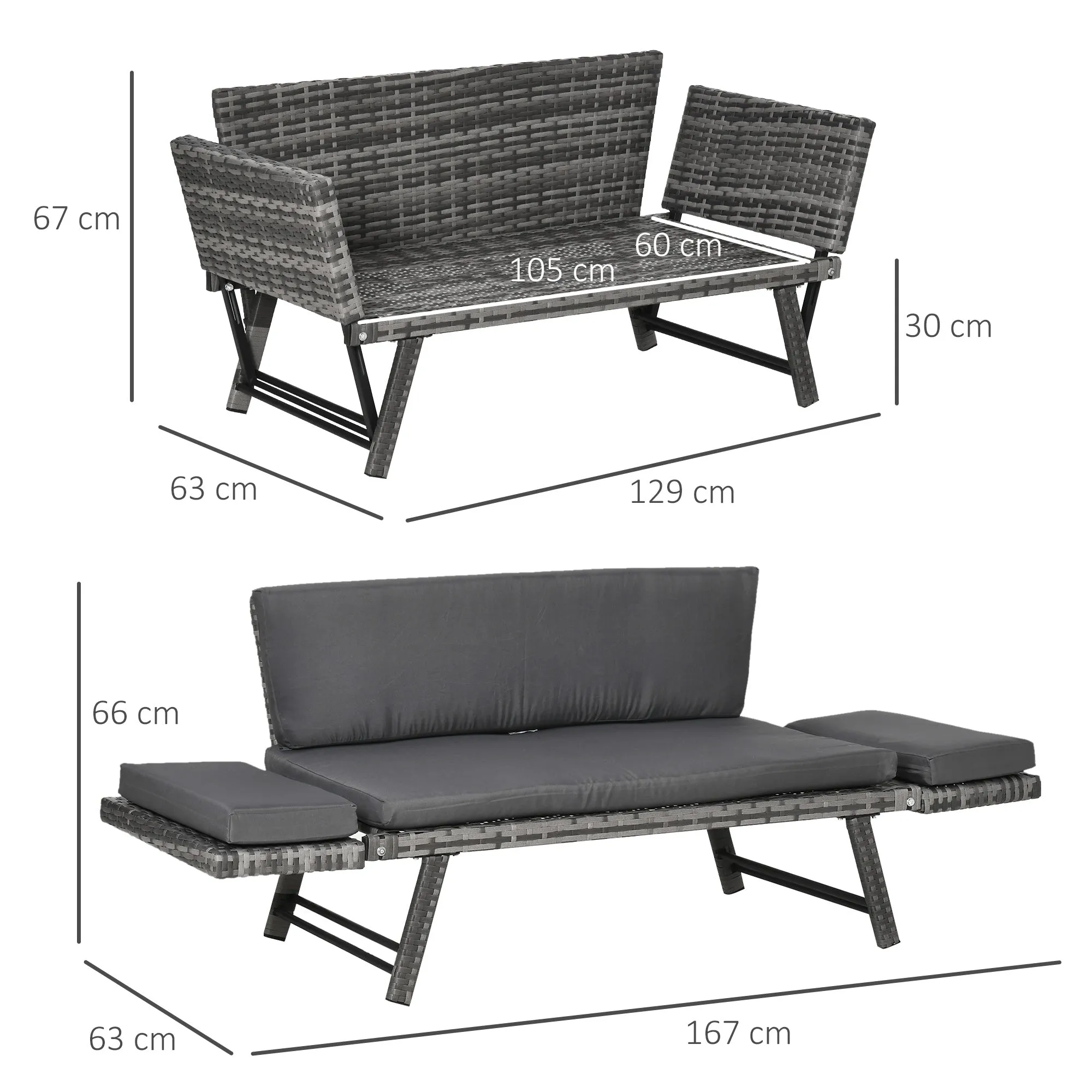 2 Seater Rattan Garden Sofa with Padding and Folding Armrests, 129x63x67cm, Grey - Image 3