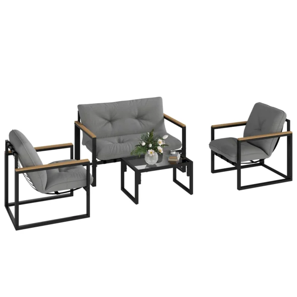 4 Piece Garden Set with 2 Chairs, 2 Seater Sofa and Coffee Table, Steel and Polyester, Light Grey and Black
