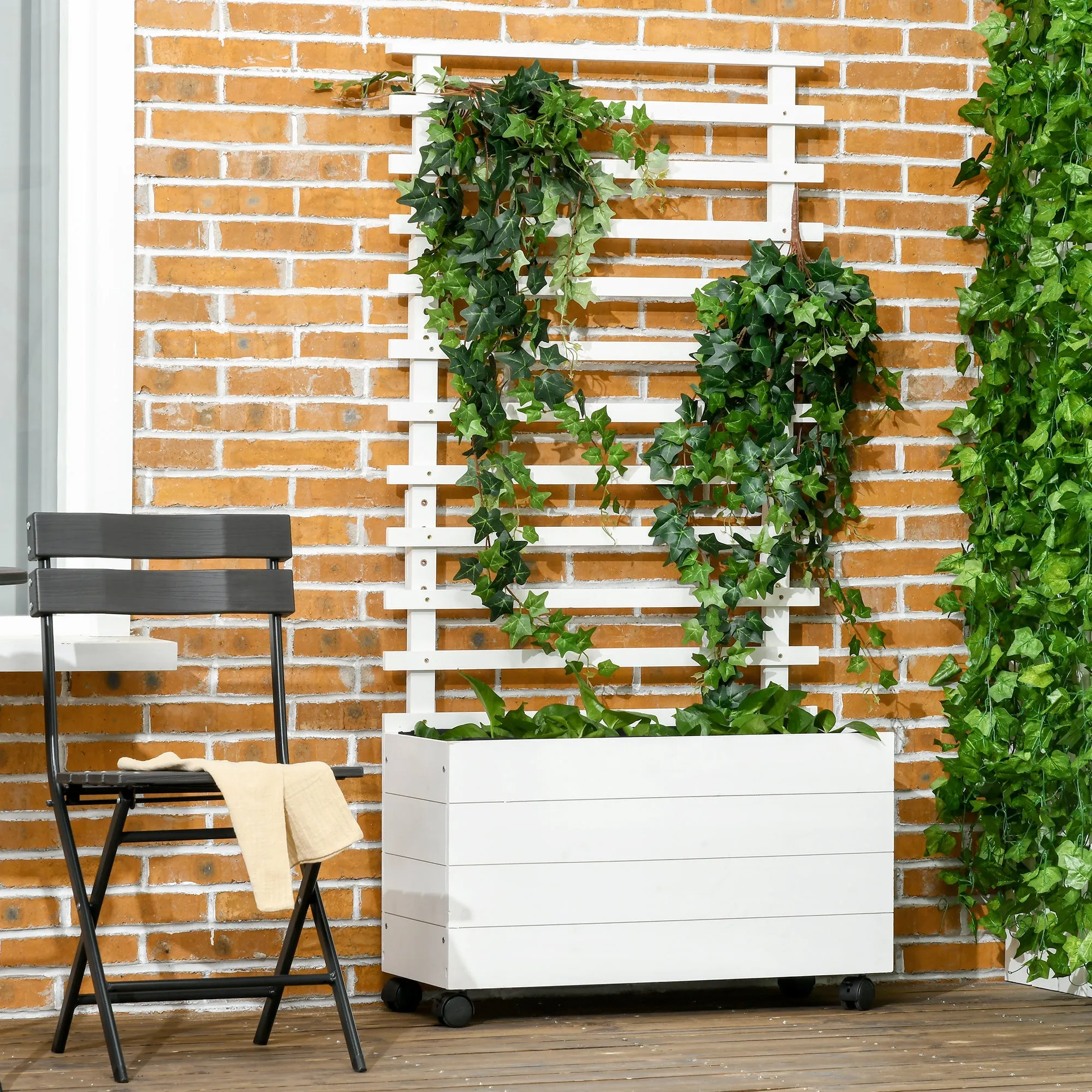 Vertical Planter with 4 Wheels and Wooden Trellis for Climbing Plants, 76x30x155cm, White - Image 2
