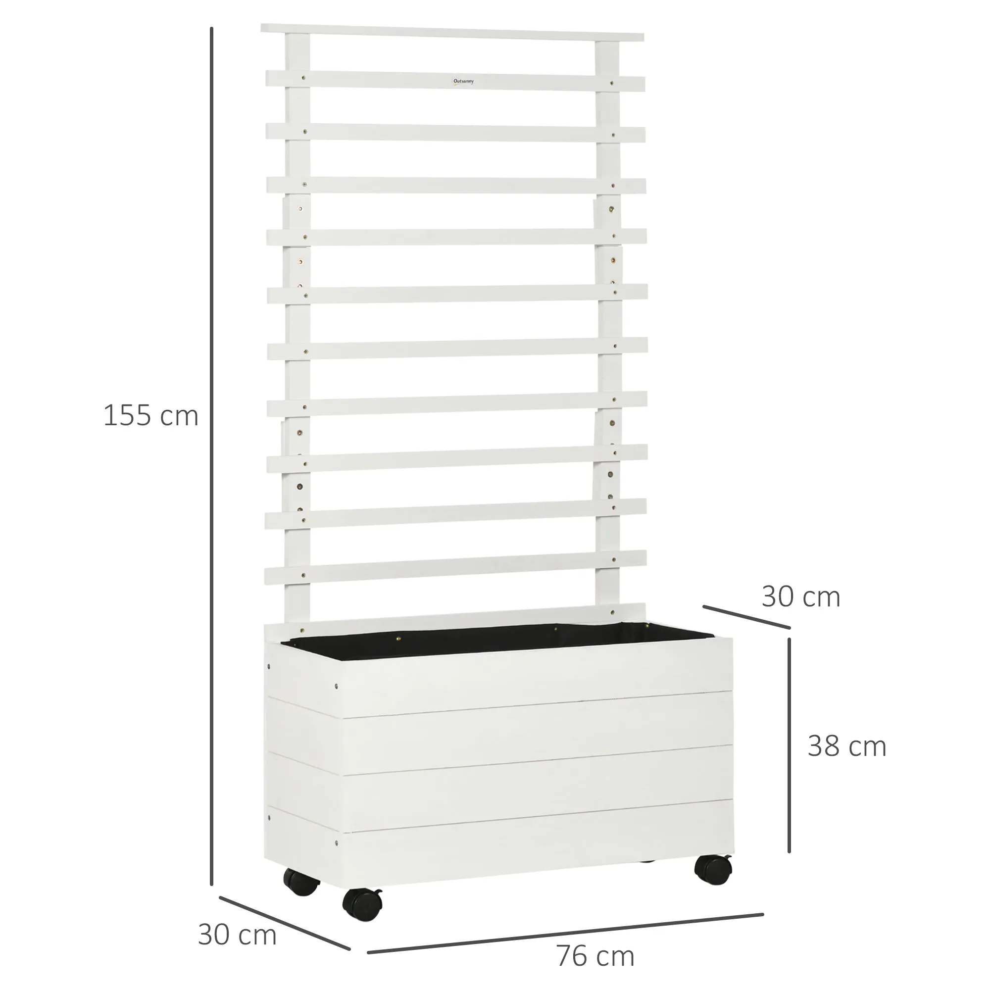 Vertical Planter with 4 Wheels and Wooden Trellis for Climbing Plants, 76x30x155cm, White - Image 3