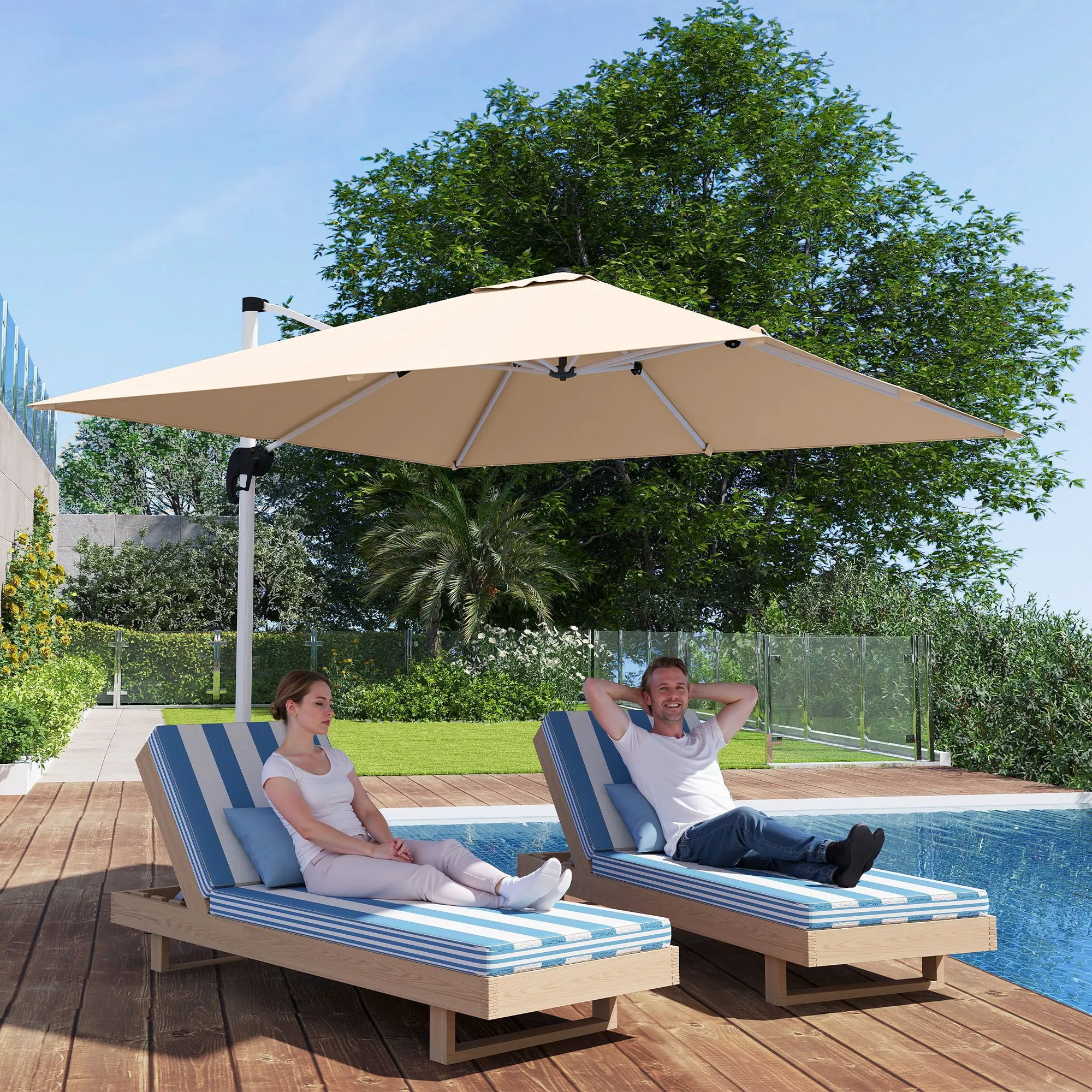 Tilting Arm Umbrella with Cross Base, in Polyester, Aluminum and Metal, 295x295x260 cm, Khaki - Image 2
