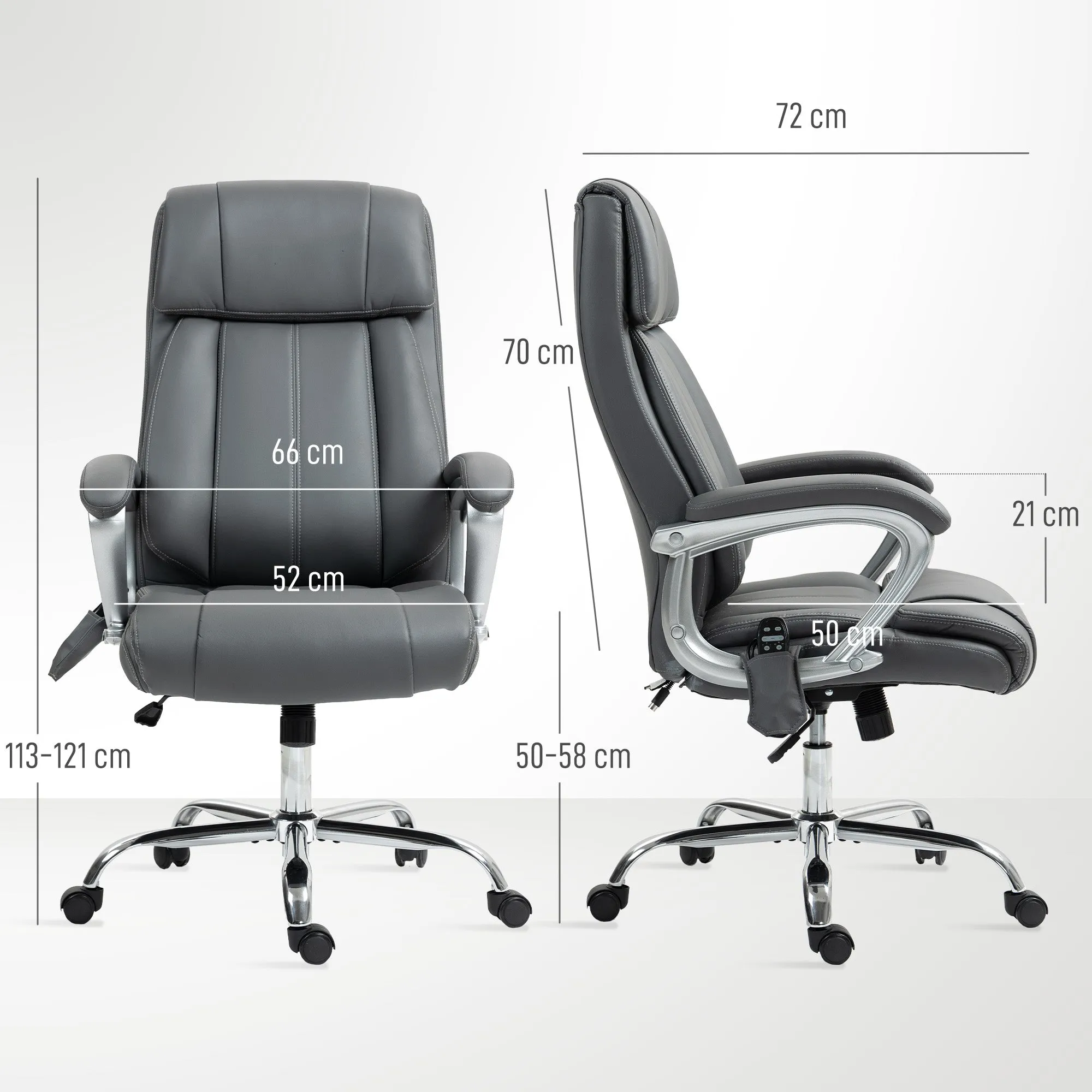 6-Point Massage Office Chair with Reclining Function, PU Leather and Steel, 66x72x113-121 cm, Carbon Grey - Image 3