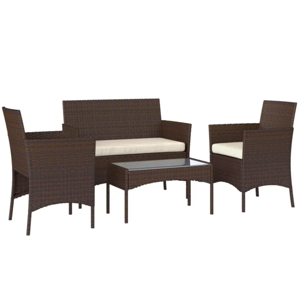 4 Piece Garden Set with 2 Seater Sofa, 2 Chairs and Coffee Table, in Rattan and Steel, Beige and Brown