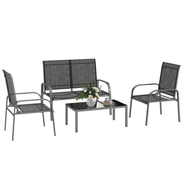 4-Piece Outdoor Set with Coffee Table, 2 Chairs and Sofa with Adjustable Backrest, in Steel and Black Textilene
