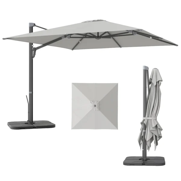 Cantilever Umbrella with Crank and Cross Base, in Polyester, Aluminum and Metal, 365x297x256 cm, Light Gray