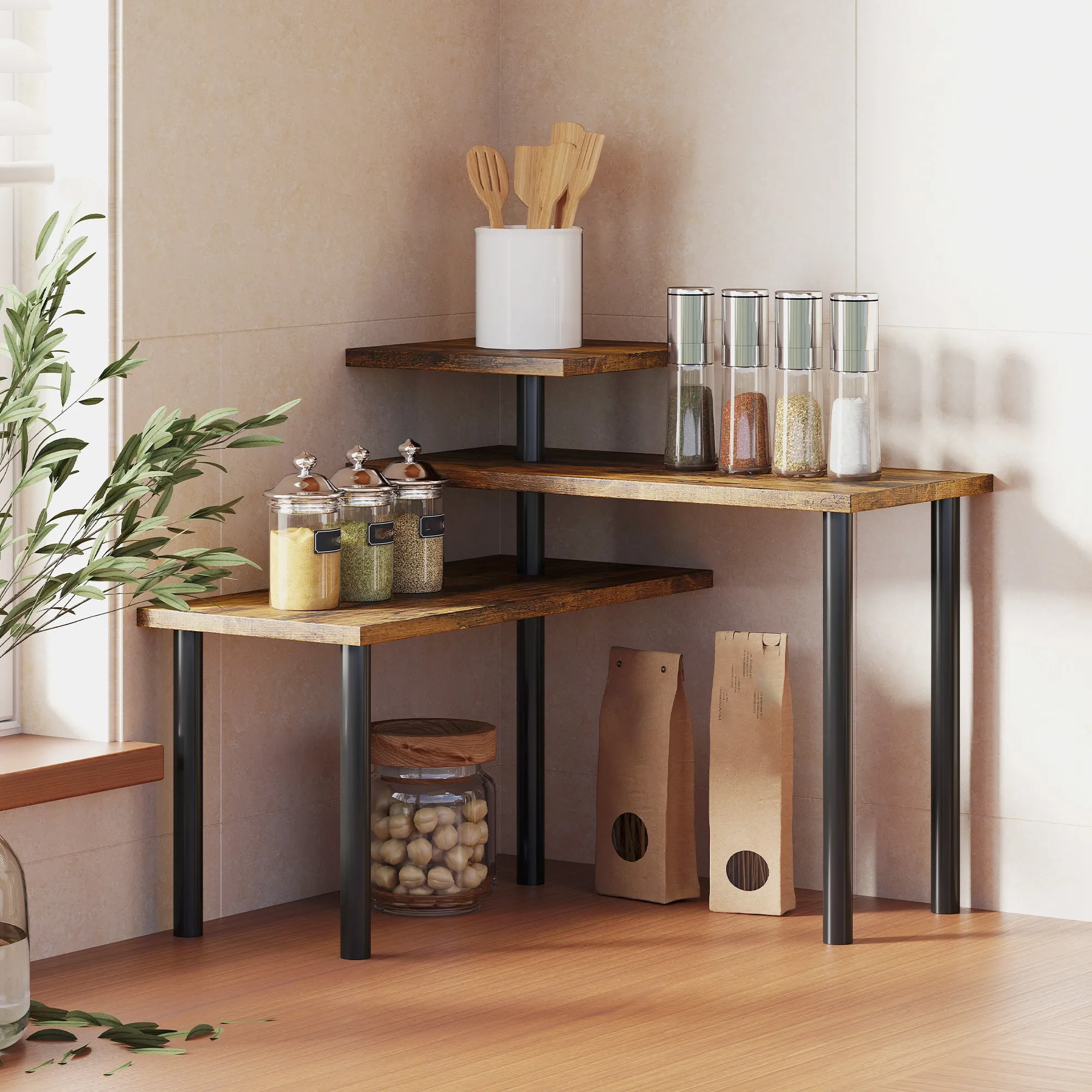3-Tier Rotating Kitchen Shelf, Space-Saving, Wood and Steel, 40x10x36.5 cm, Rustic Brown - Image 2