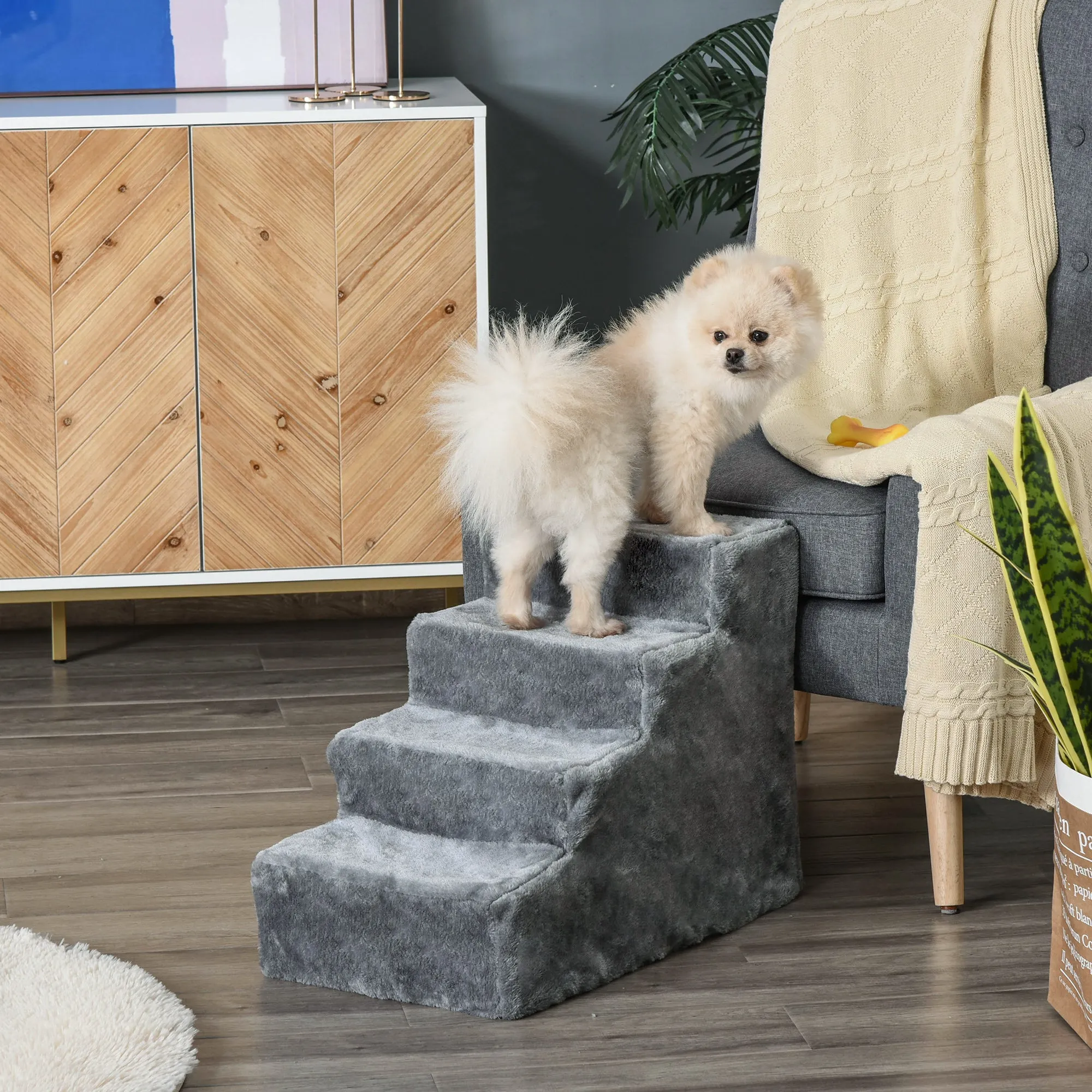 Portable 4-Step Dog Stairs, Removable Flannel and Chipboard, 60x35x44 cm, Grey - Image 2