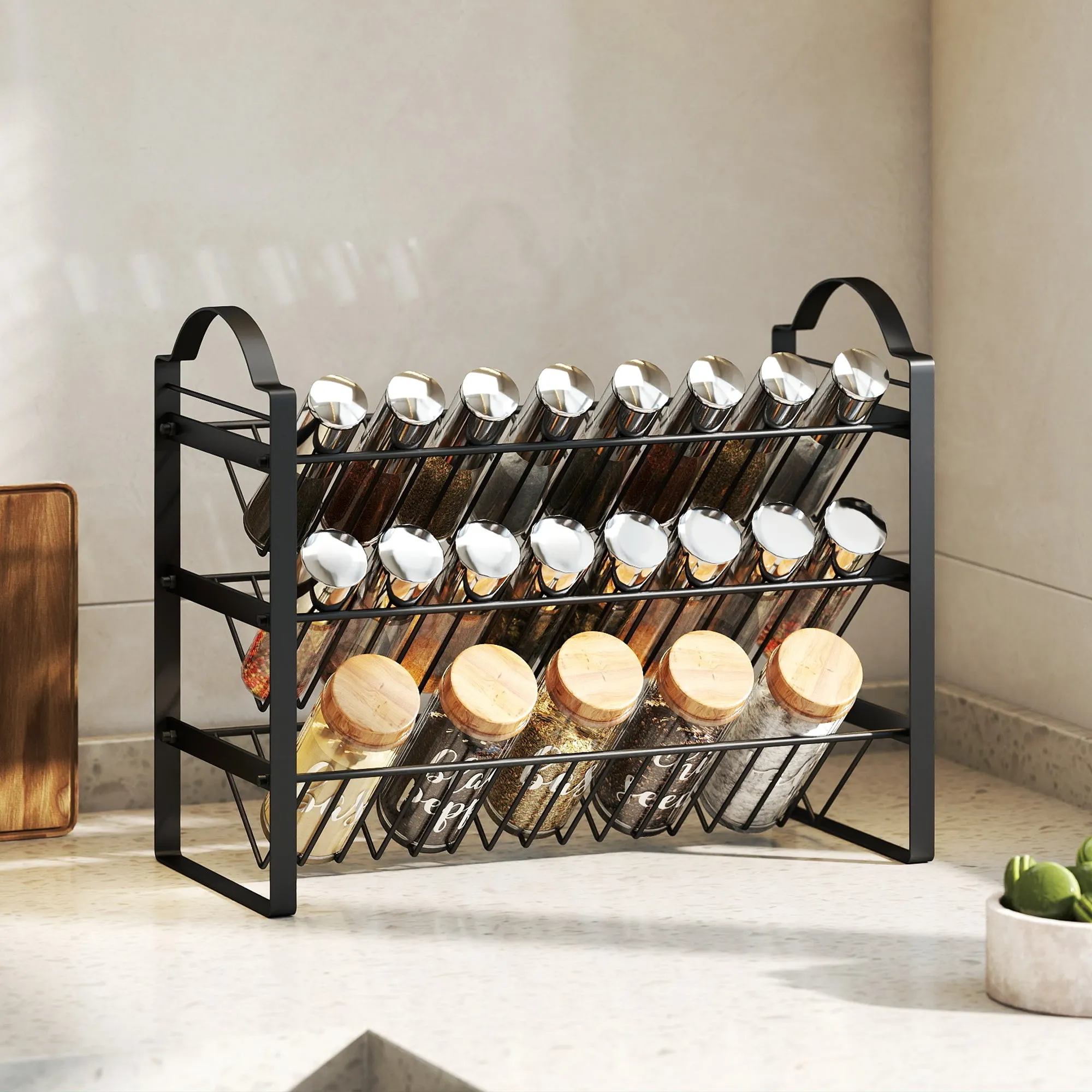 3-Tier Kitchen Spice Rack, Space-Saving Organizer with Slanted Metal Shelves, Black - Image 2