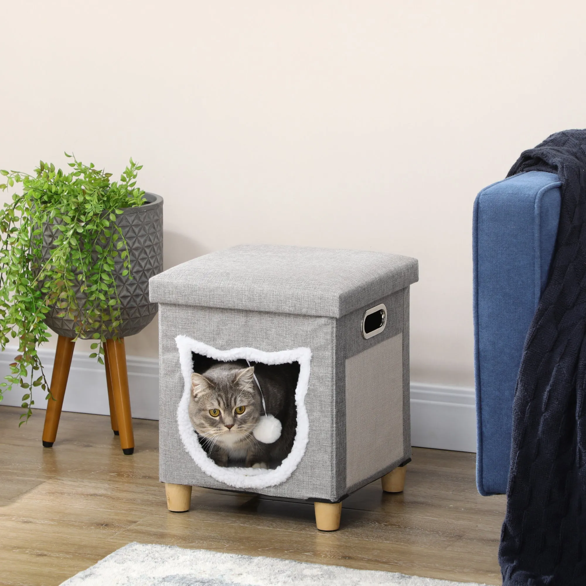 Cat House with Scratching Post, Cushion and Ball, Made of Wood and Polyester, 35.5x35.5x42.5 cm, Cream and Grey - Image 2