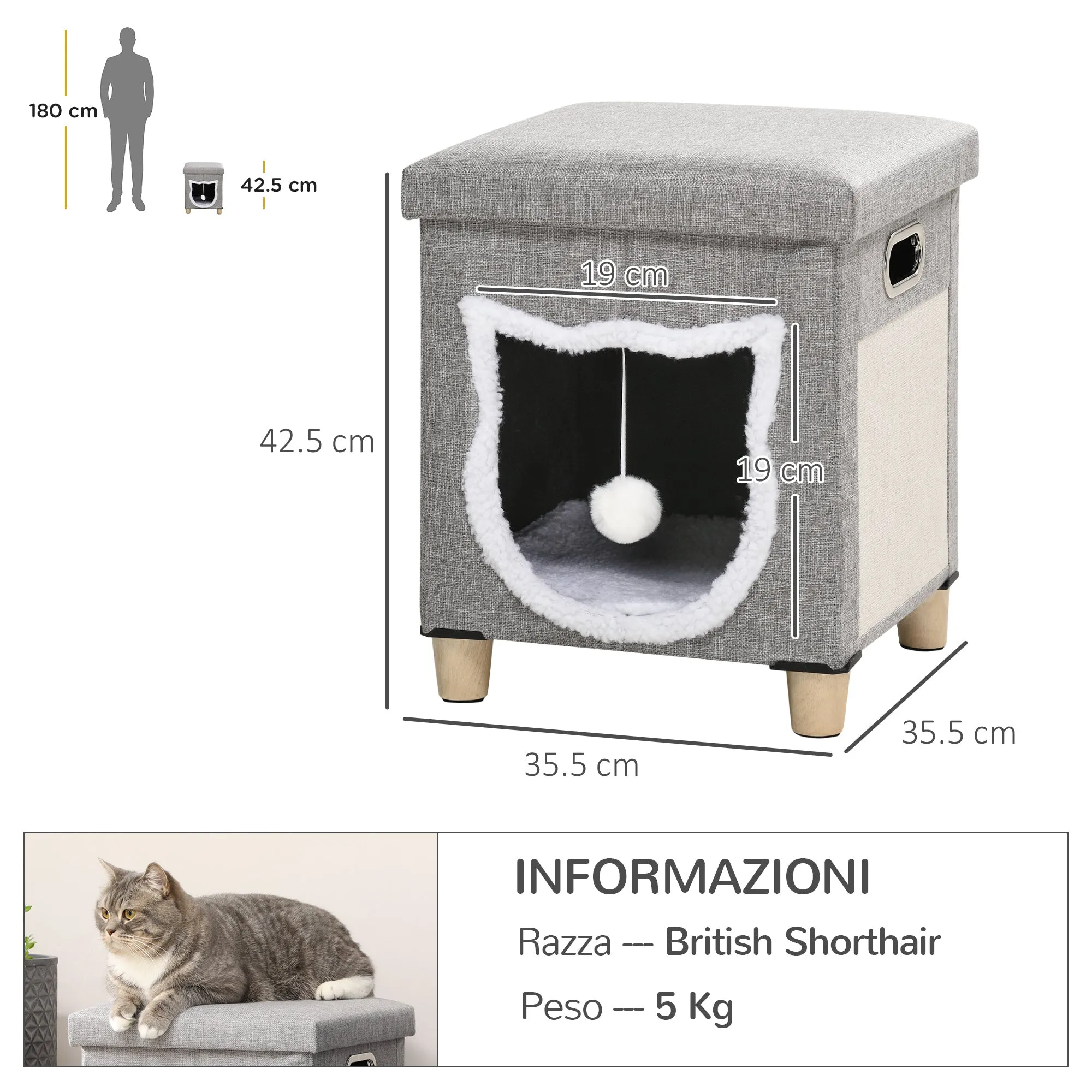 Cat House with Scratching Post, Cushion and Ball, Made of Wood and Polyester, 35.5x35.5x42.5 cm, Cream and Grey - Image 3