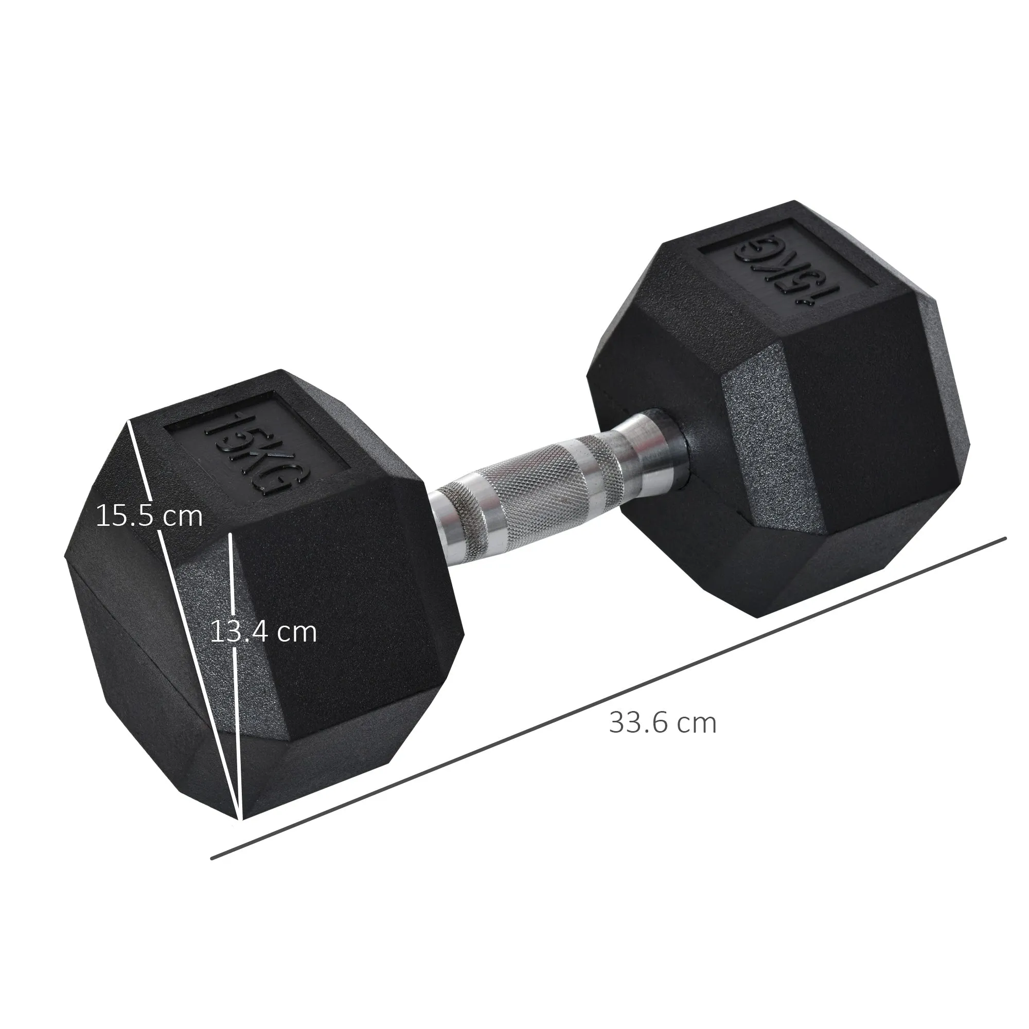 15 kg Hexagonal Dumbbell with Non-Slip Grip, Steel and Rubber, Ø15.5 x 33.6 cm, Black - Image 3