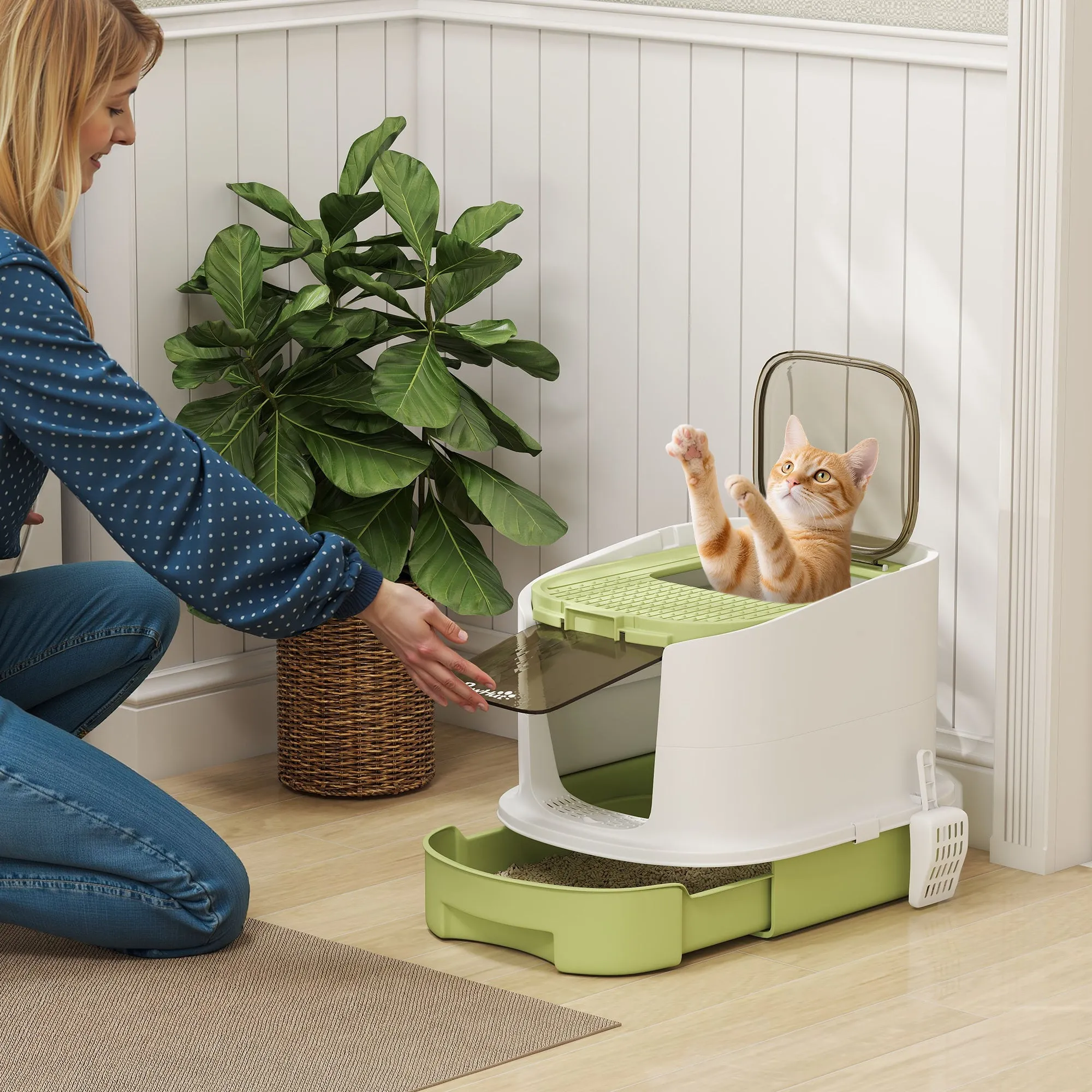 Enclosed Cat Litter Box with 2 Doors, Removable Tray, Scoop and Deodorizer, in PP, 40.5x52.5x42.5 cm, Green - Image 2