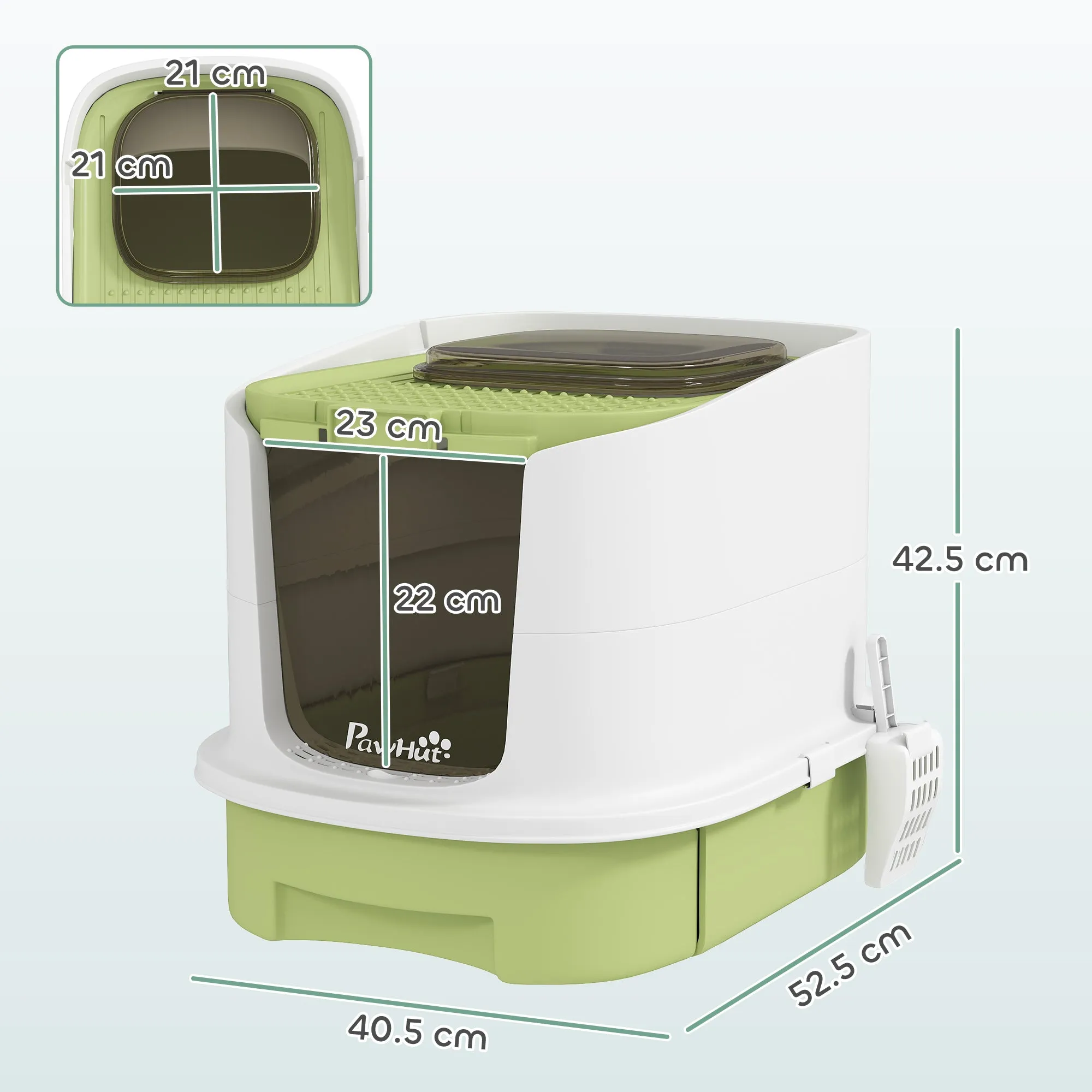 Enclosed Cat Litter Box with 2 Doors, Removable Tray, Scoop and Deodorizer, in PP, 40.5x52.5x42.5 cm, Green - Image 3