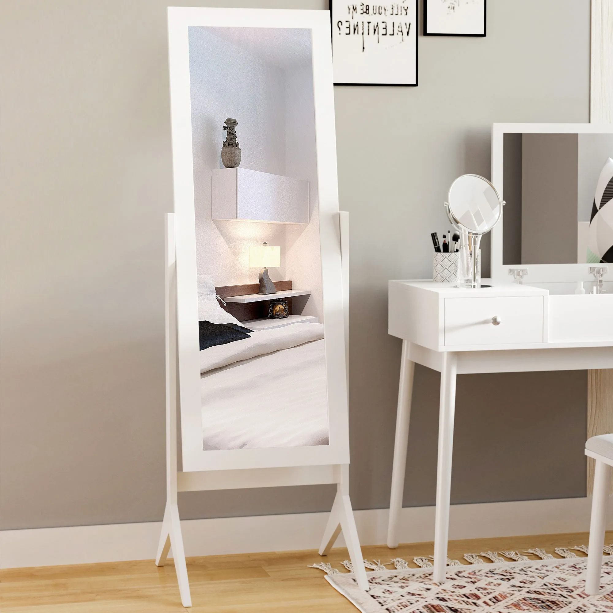 Full-Length Mirror with 4 Legs and Adjustable Angle, Wood and Glass, 47x46x148 cm, White - Image 2