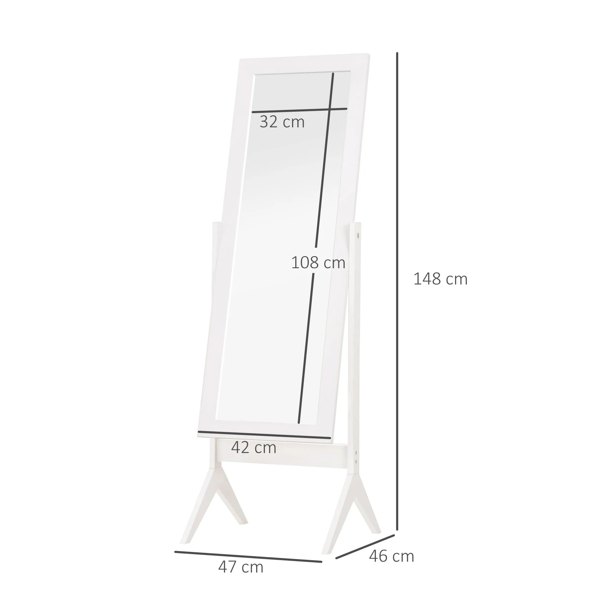 Full-Length Mirror with 4 Legs and Adjustable Angle, Wood and Glass, 47x46x148 cm, White - Image 3
