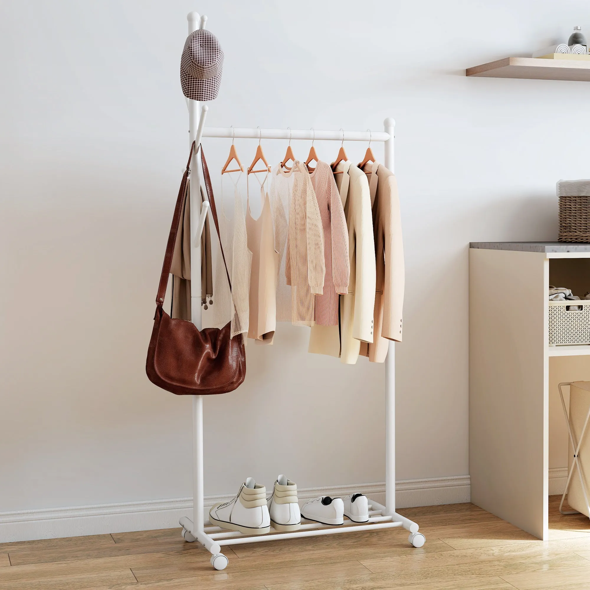Freestanding Coat Rack with Wheels, 5 Hooks and Lower Shoe Shelf, White - Image 2