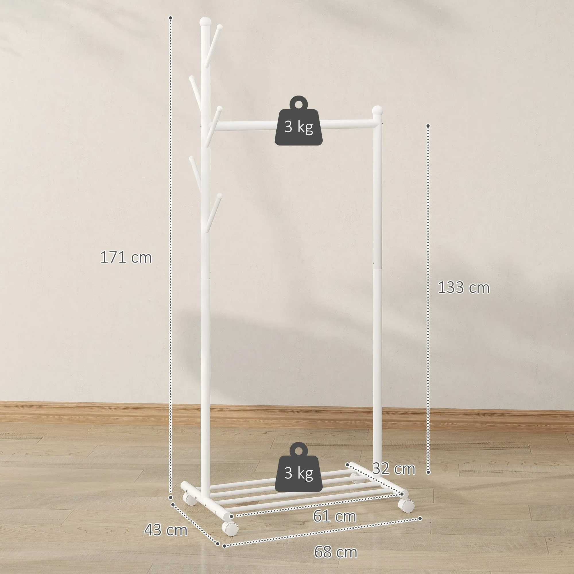 Freestanding Coat Rack with Wheels, 5 Hooks and Lower Shoe Shelf, White - Image 3