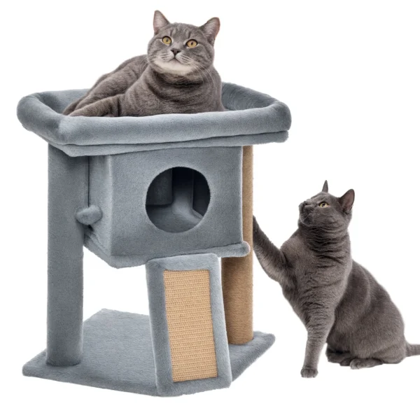 Cat Tree with Cat House and Plush Bed, Jute Scratching Post and Ball, Grey