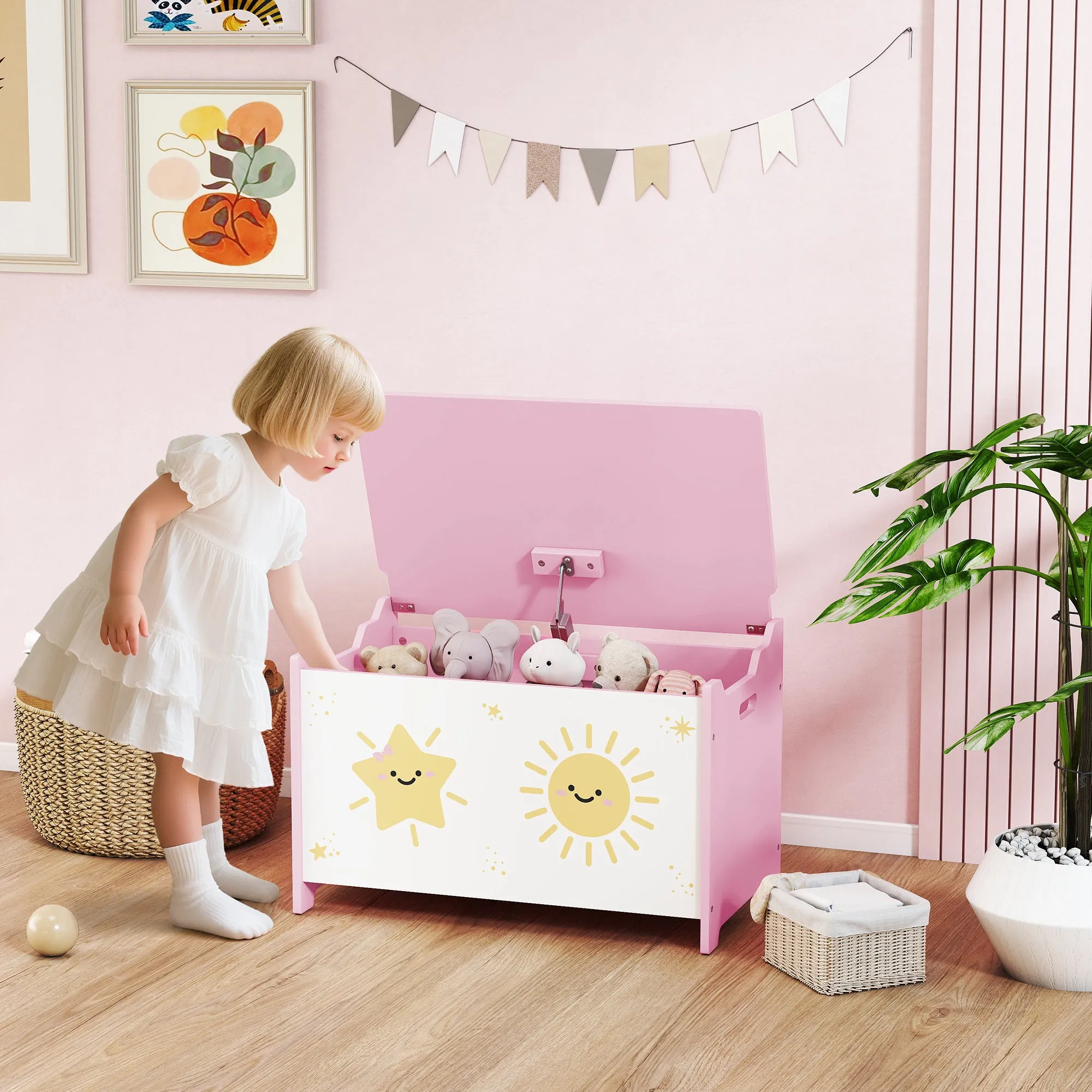 Children's Toy Storage Chest with Lid for Toys and Clothes, 60x37x39 cm, Pink - Image 2