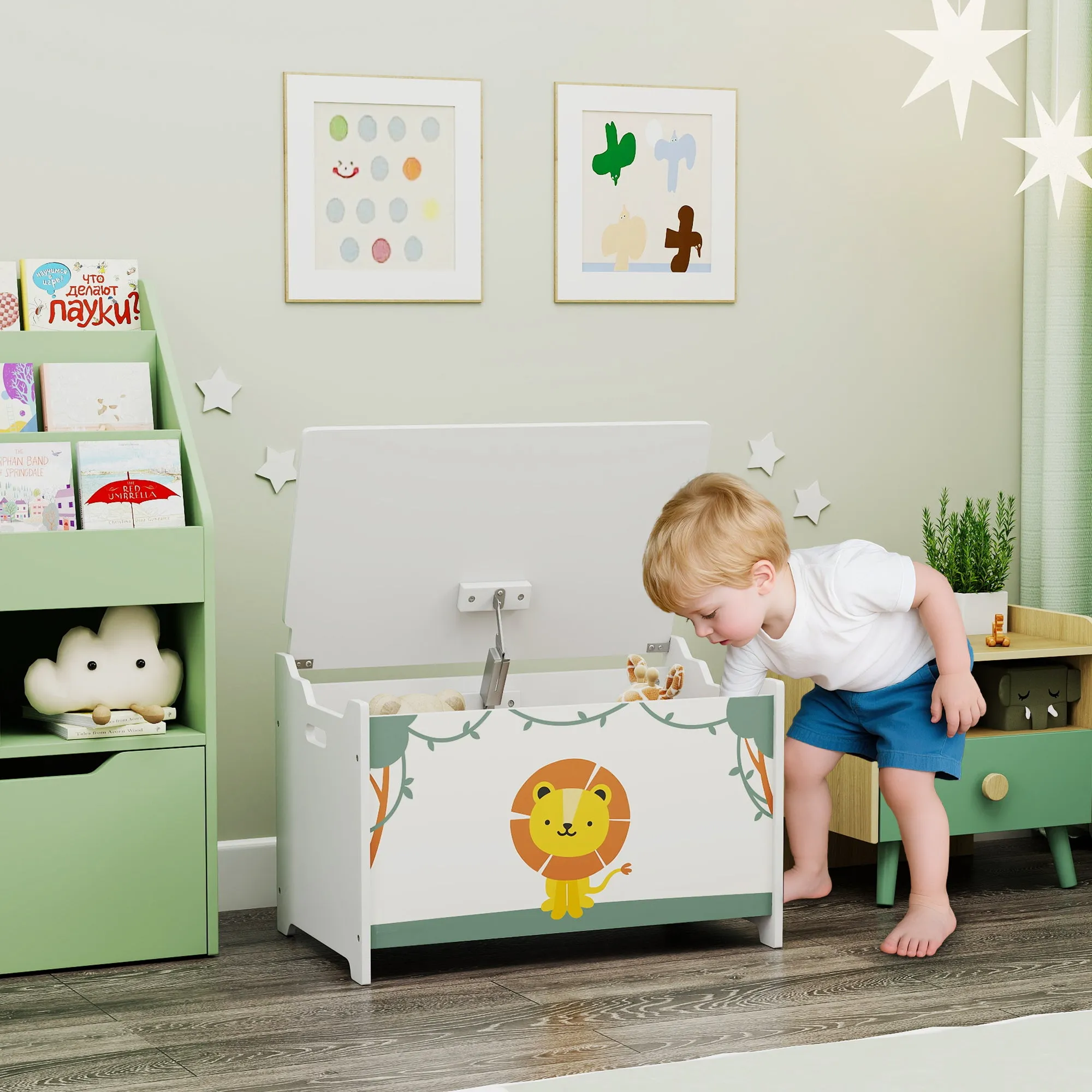 Children's Toy Storage Chest with Lid for Toys and Clothes, 60x37x39 cm, Green - Image 2