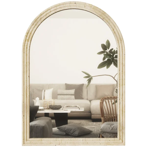 Arched Wall Mirror with Fluted Edge and Hooks, Glass and Polystyrene, 50x2x70 cm, Beige