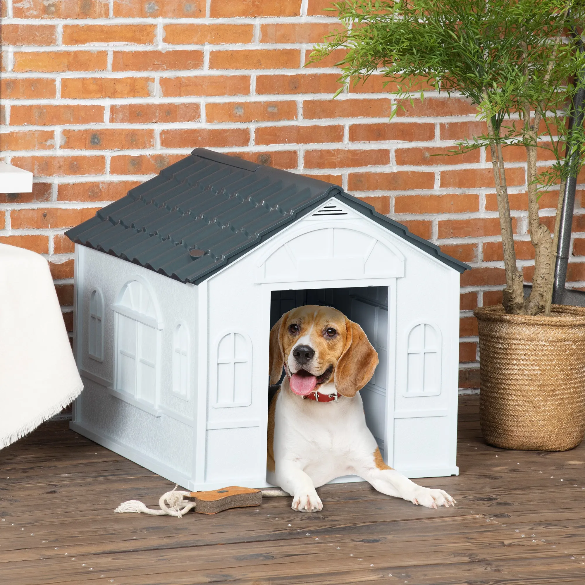 Waterproof PP Dog House with Sloped Roof and Entrance Door, 65x75.7x63 cm, Grey - Image 2