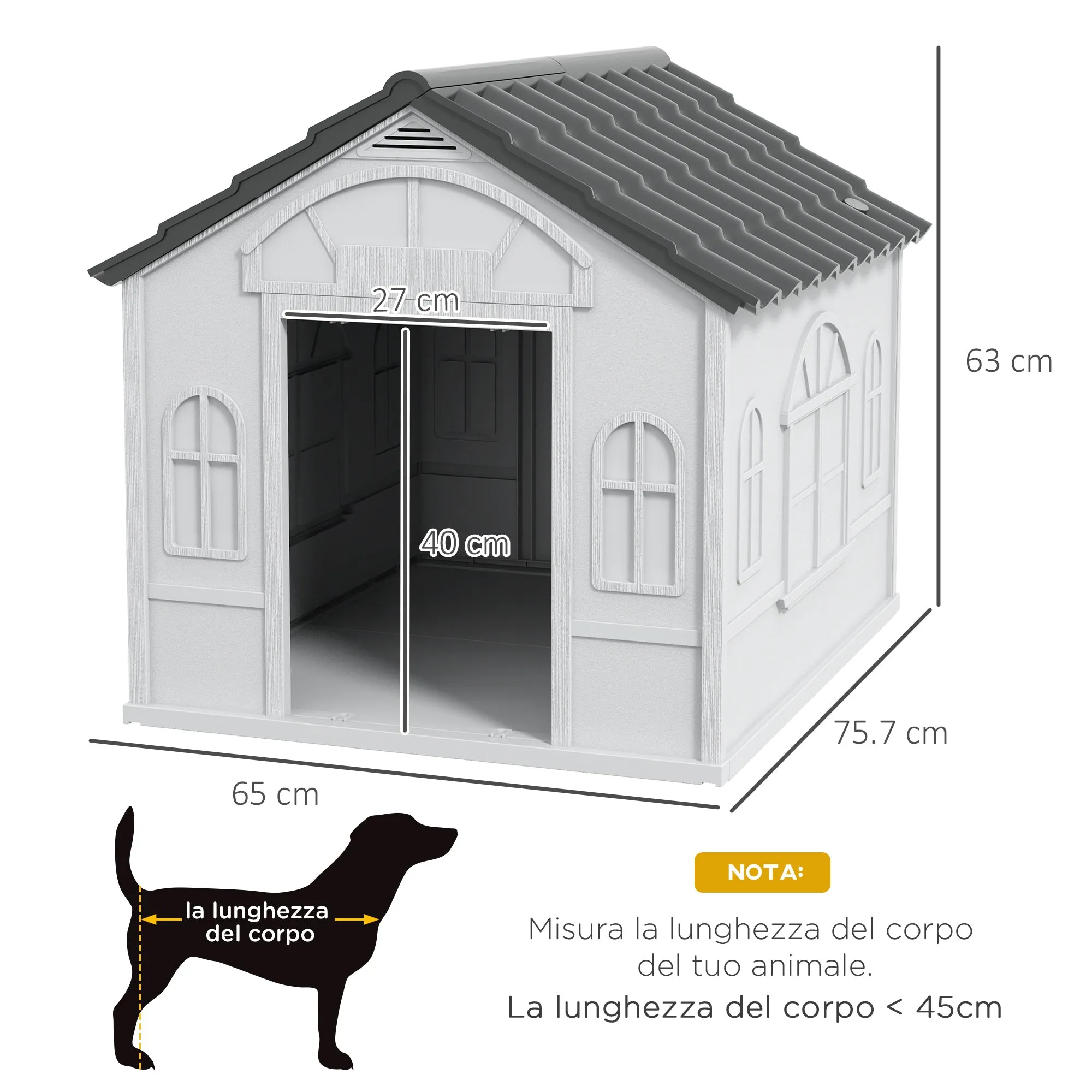 Waterproof PP Dog House with Sloped Roof and Entrance Door, 65x75.7x63 cm, Grey - Image 3