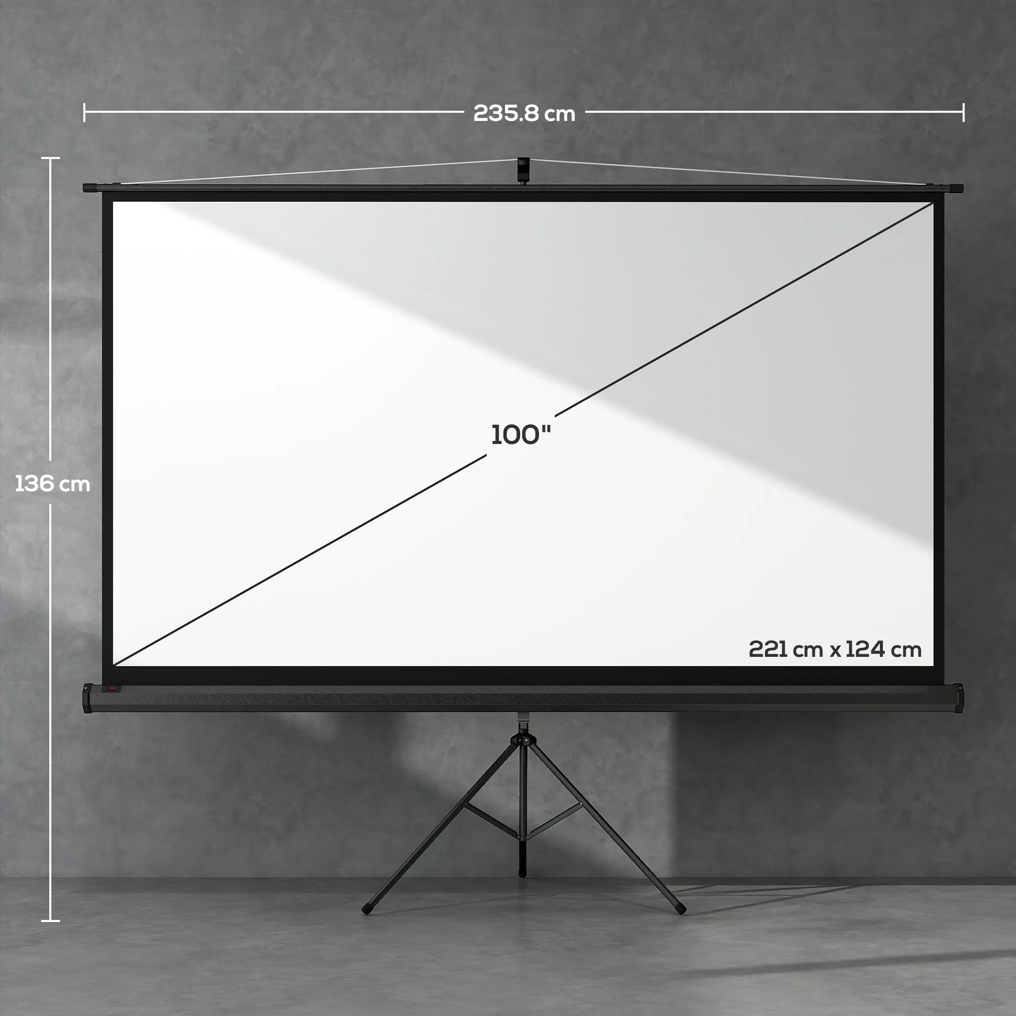 100" Foldable Projector Screen, 16:9 Format, Adjustable Tripod, 235.8 x 8 x 136 cm, Black - Image 3