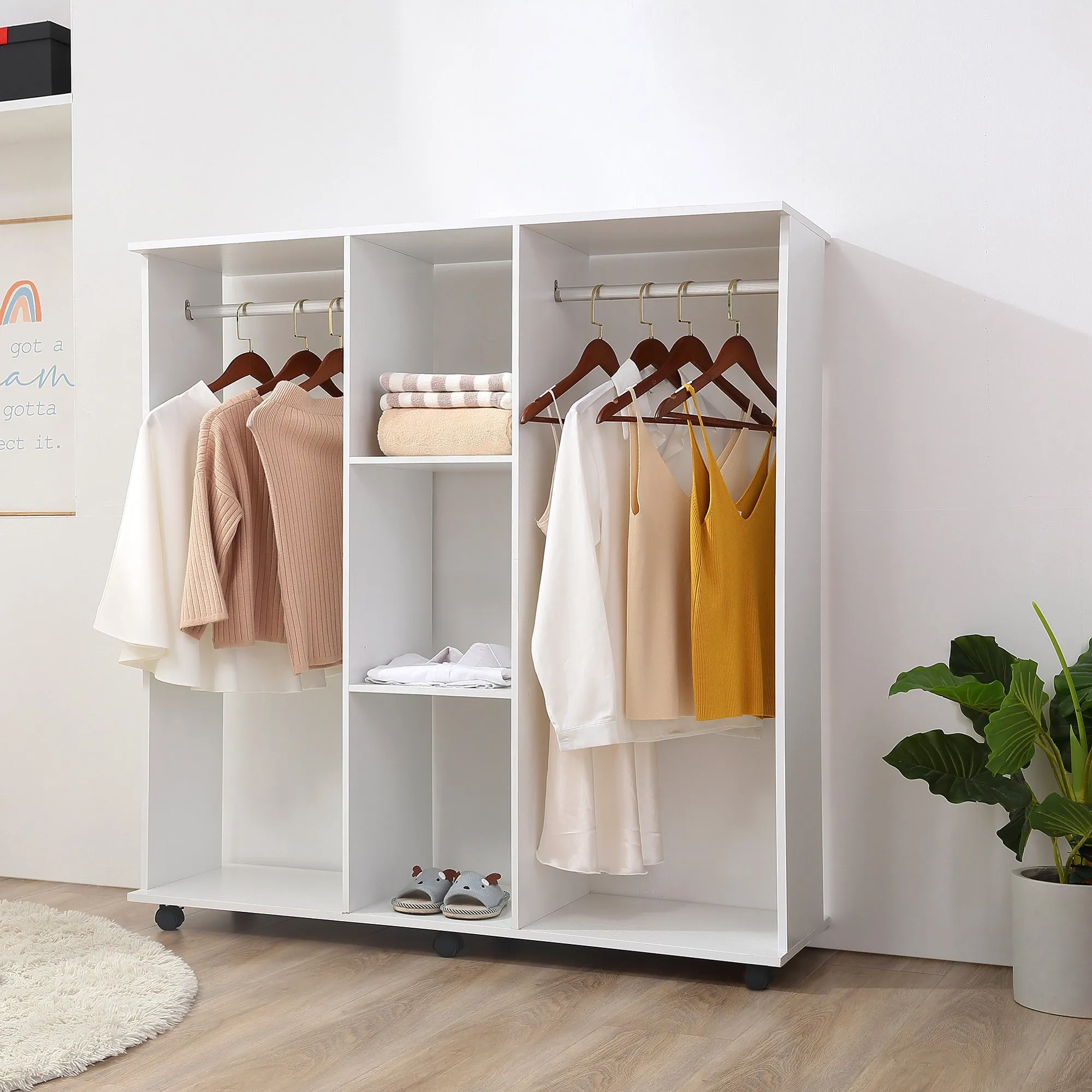 Wardrobe with Wheels, 2 Rods, and 3 Open Shelves, Made of Wood and Aluminum, 120x40x128 cm, White - Image 2