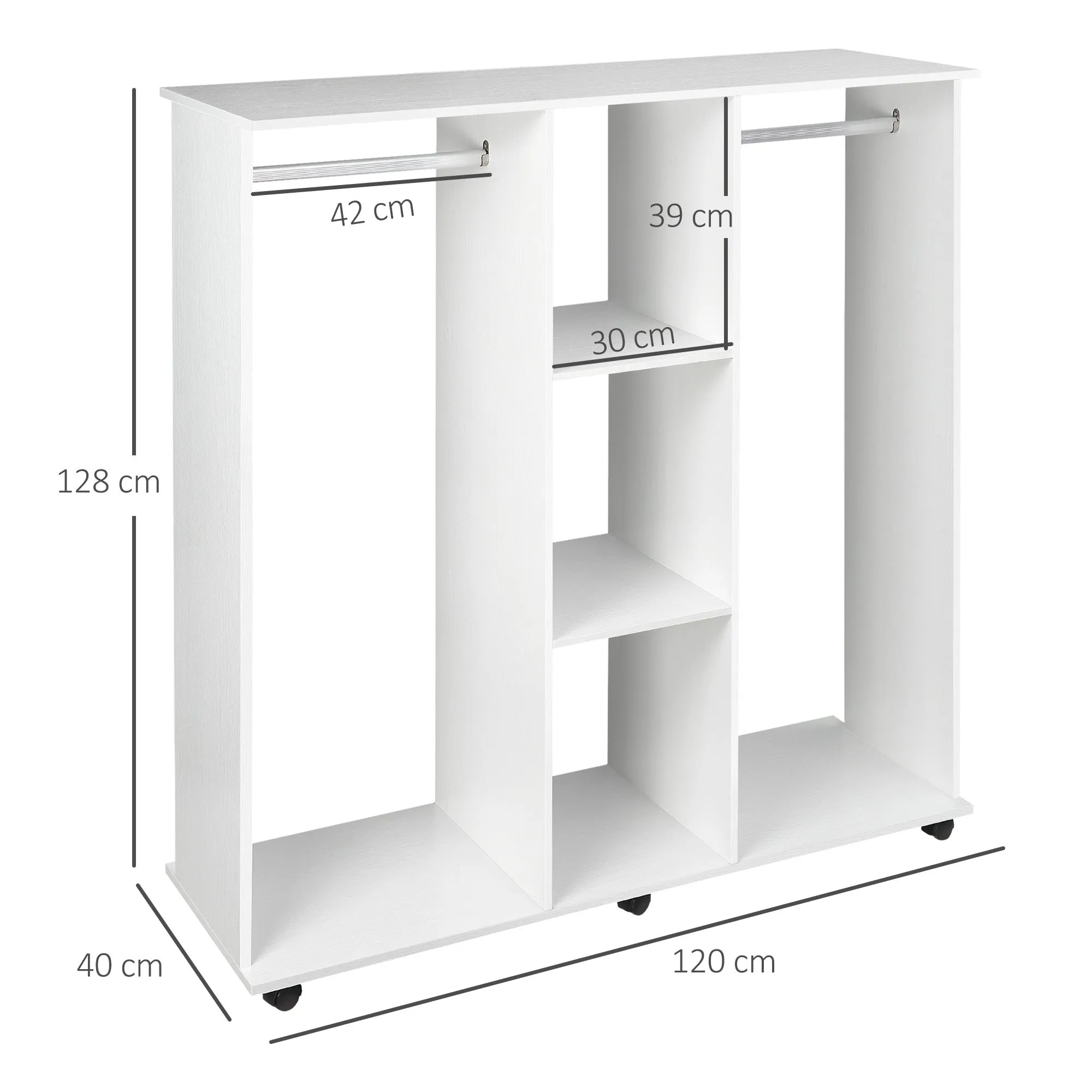 Wardrobe with Wheels, 2 Rods, and 3 Open Shelves, Made of Wood and Aluminum, 120x40x128 cm, White - Image 3