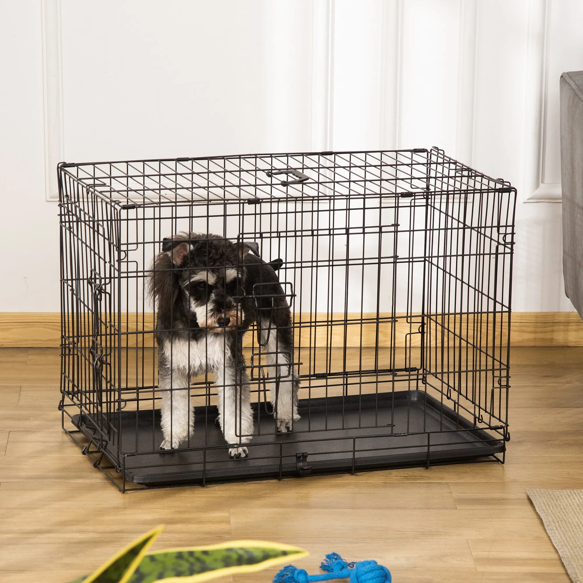 Pet Cage, Foldable Steel Double-Opening Dog and Cat Carrier, 76x46x52cm, Black - Image 2