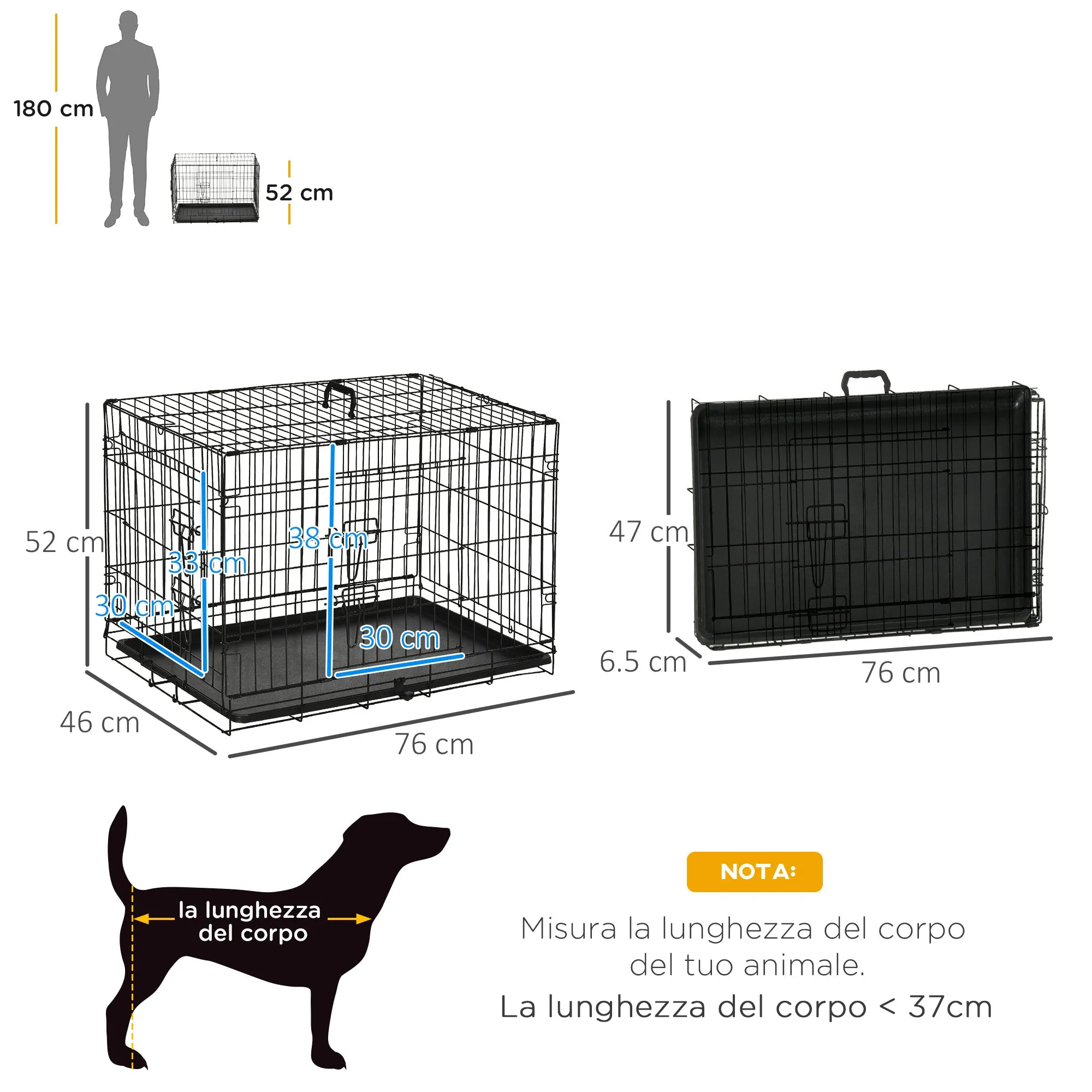 Pet Cage, Foldable Steel Double-Opening Dog and Cat Carrier, 76x46x52cm, Black - Image 3