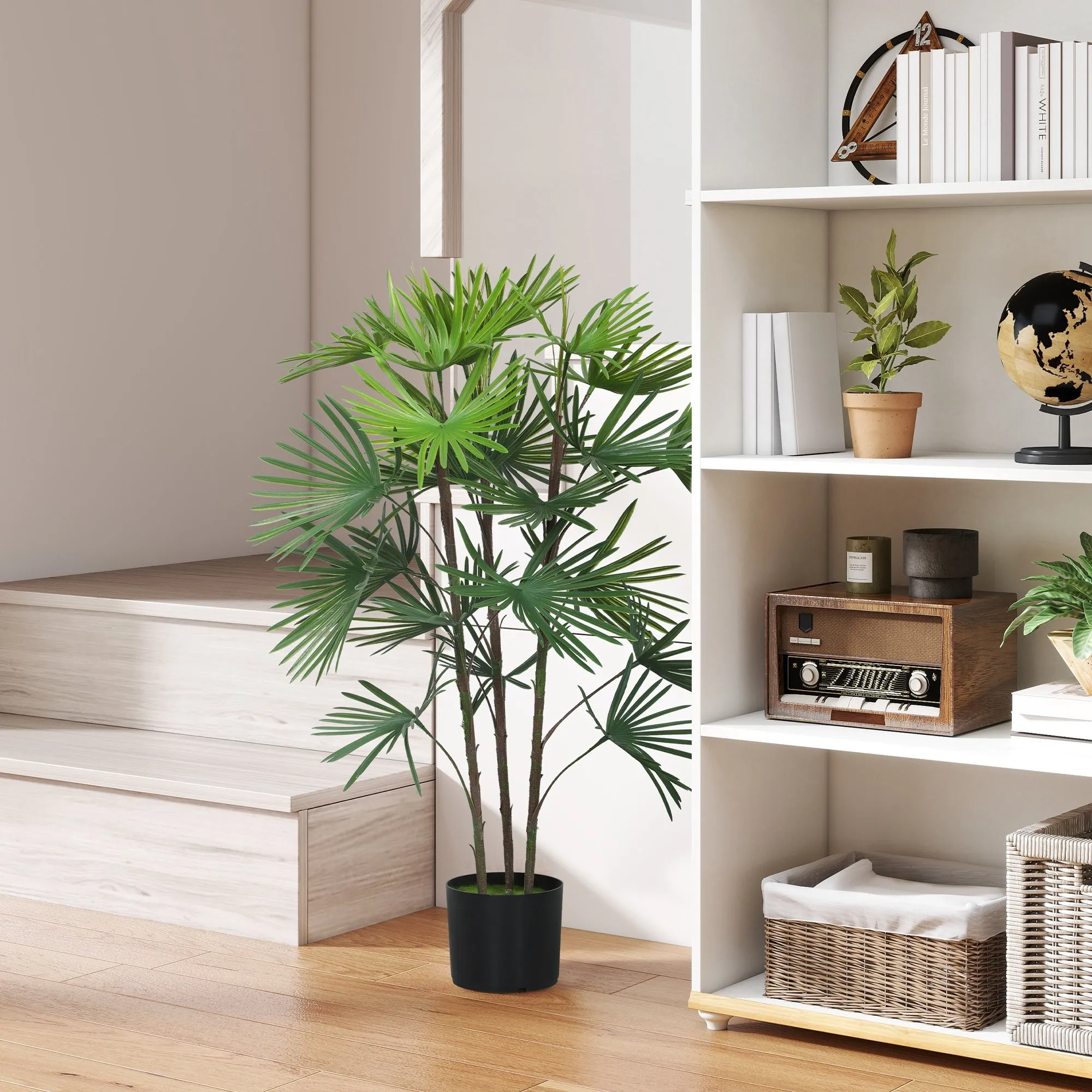 90cm Artificial Palm Tree with 24 Leaves in Green Plastic with a Ø16.5x13.5cm Pot - Image 2