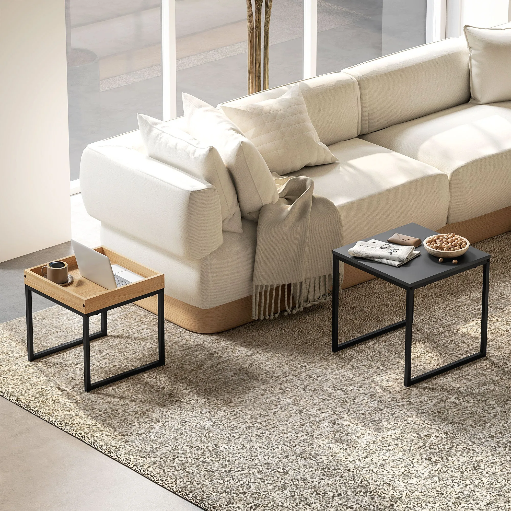 Set of 2 Modern Coffee Tables with U-Shaped Legs, Wood and Steel, 45x45x45 cm and 40x40x40 cm, Black - Image 2