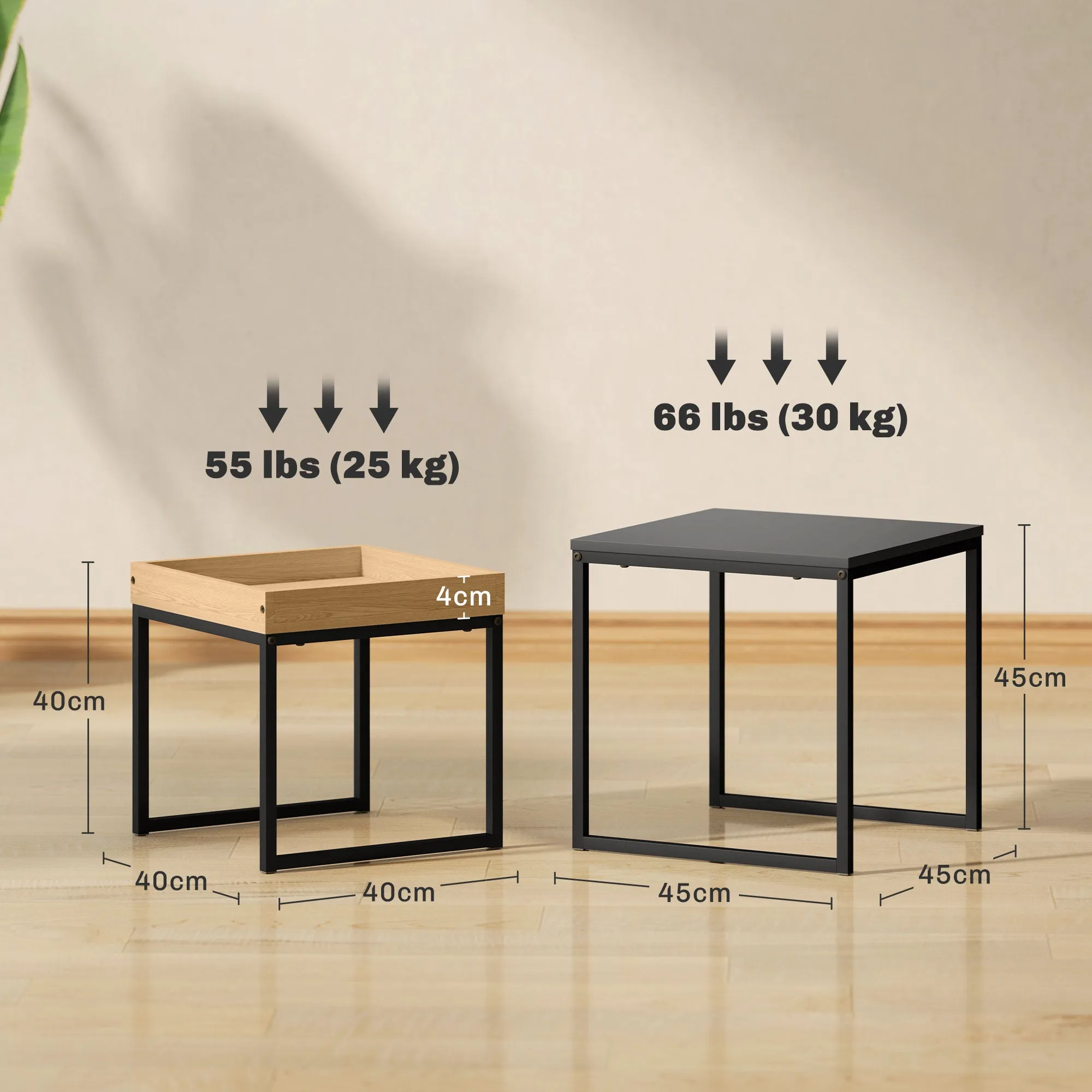 Set of 2 Modern Coffee Tables with U-Shaped Legs, Wood and Steel, 45x45x45 cm and 40x40x40 cm, Black - Image 3
