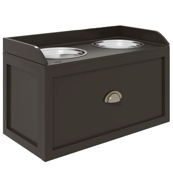 Stainless Steel and Wood Raised Dog Bowls with Drawer, 60x30x36cm, Brown