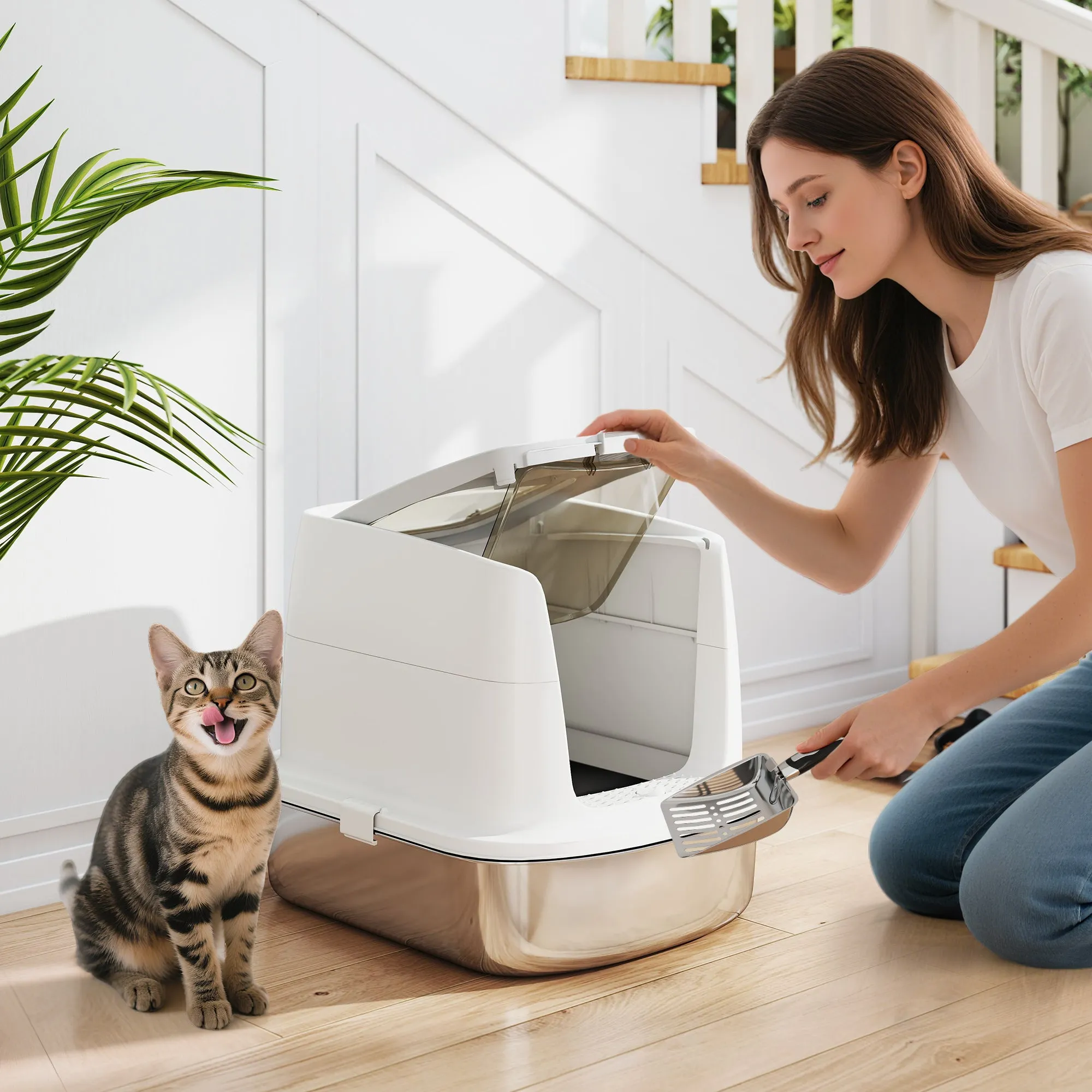 2-Bay Enclosed Cat Litter Box with Deodorizer and Scoop, 52.4 x 41.3 x 39.8 cm, White - Image 2