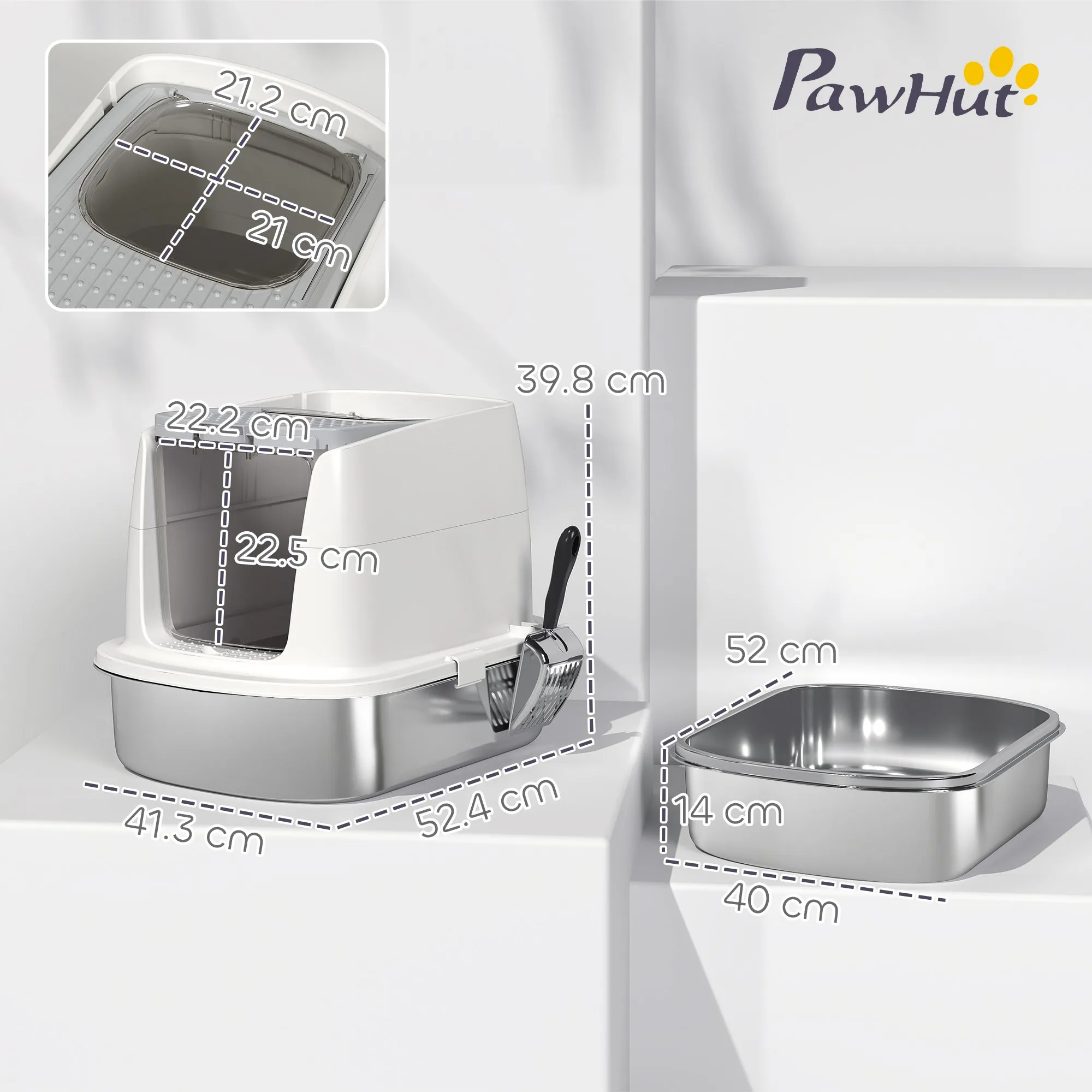 2-Bay Enclosed Cat Litter Box with Deodorizer and Scoop, 52.4 x 41.3 x 39.8 cm, White - Image 3