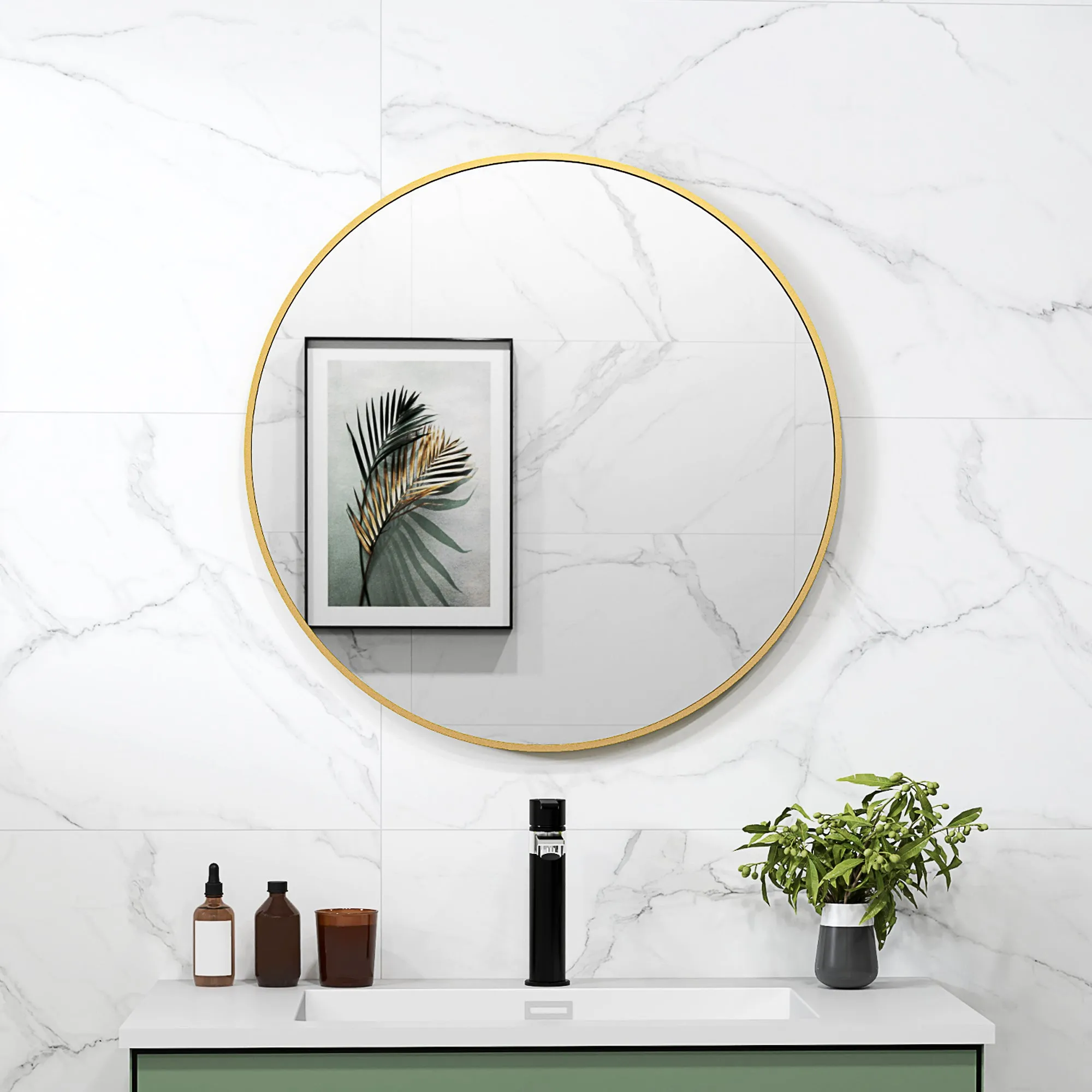 Round Bathroom Mirror with Shockproof Surface, Glass and Steel, Ø70x2.5 cm, Gold Color - Image 2
