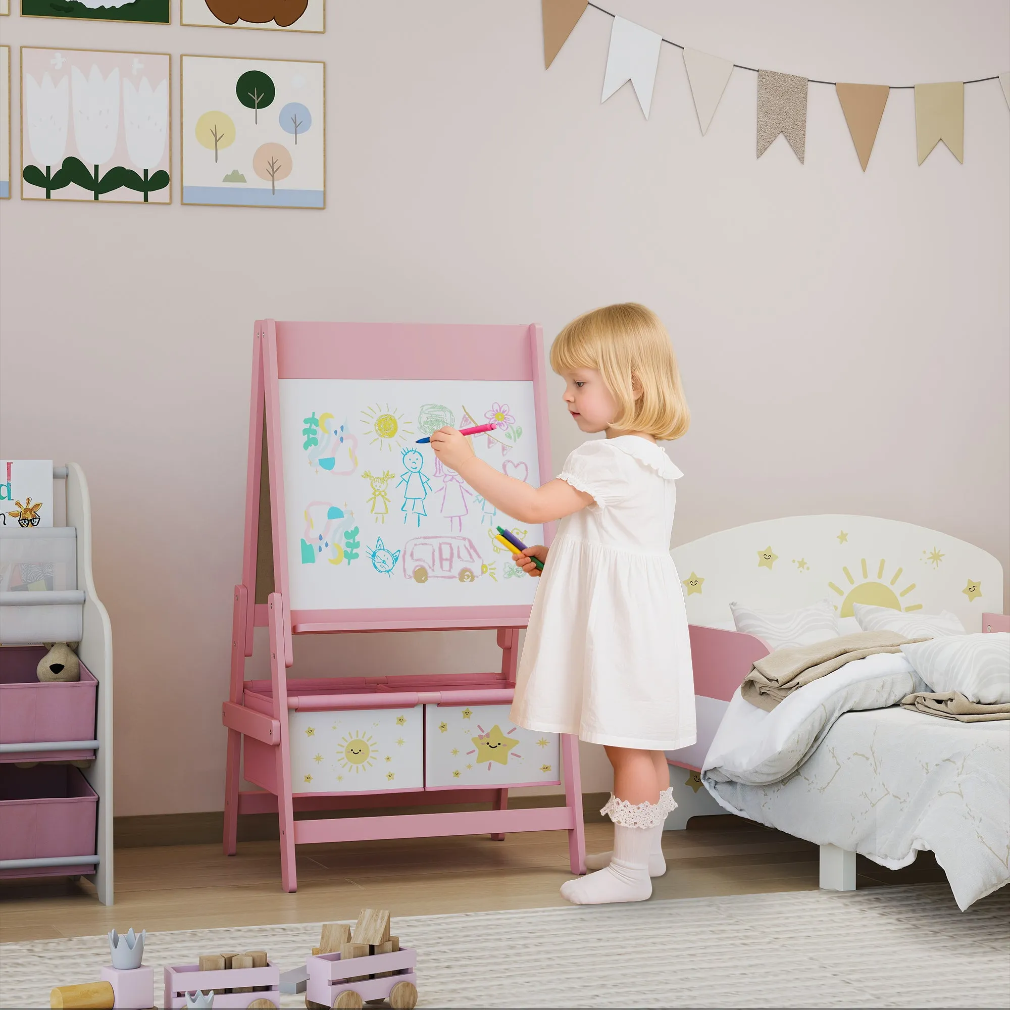 3-in-1 Children's Chalkboard with Easel, Paper Roll and 2 Baskets, Wooden, 54x46x94 cm, Pink - Image 2