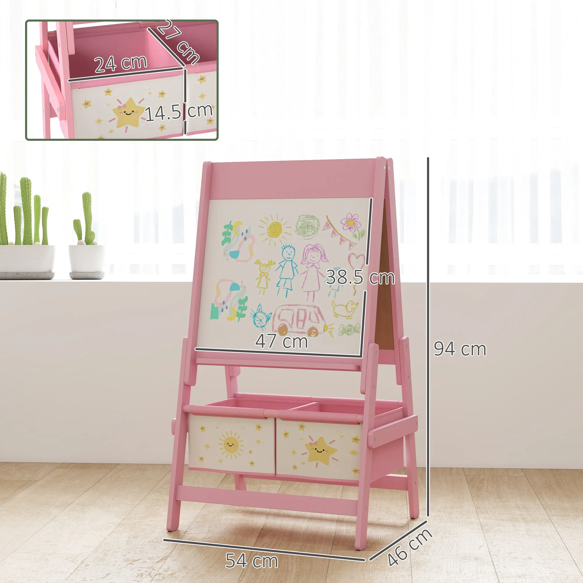3-in-1 Children's Chalkboard with Easel, Paper Roll and 2 Baskets, Wooden, 54x46x94 cm, Pink - Image 3