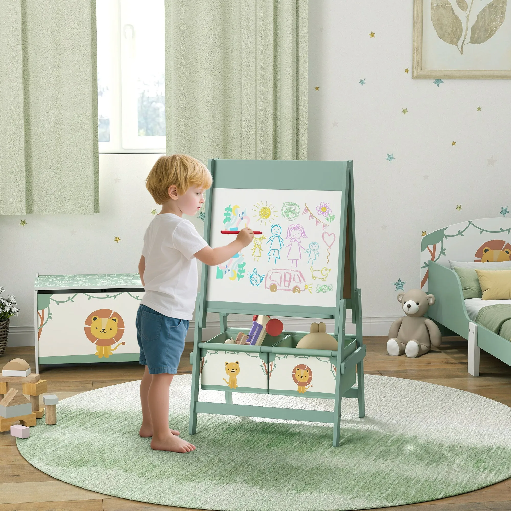 3-in-1 Children's Blackboard with Easel, Paper Roll and 2 Baskets, Wooden, 54x46x94 cm, Green - Image 2